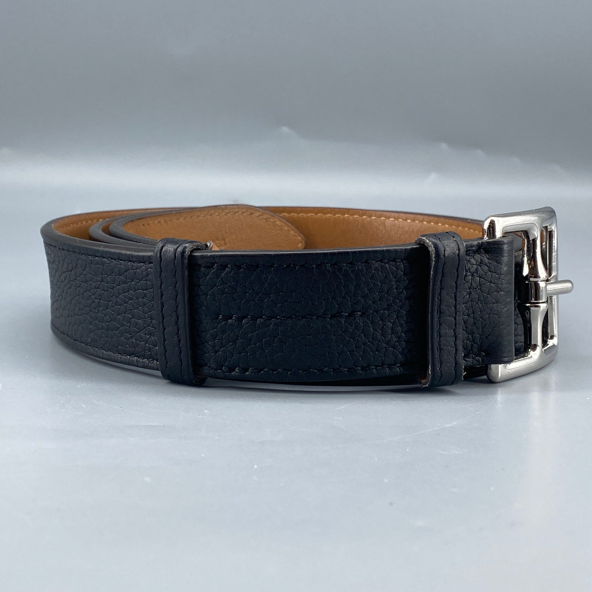 Hermes Black & Tan Leather Etriviere Belt Silver Buckle