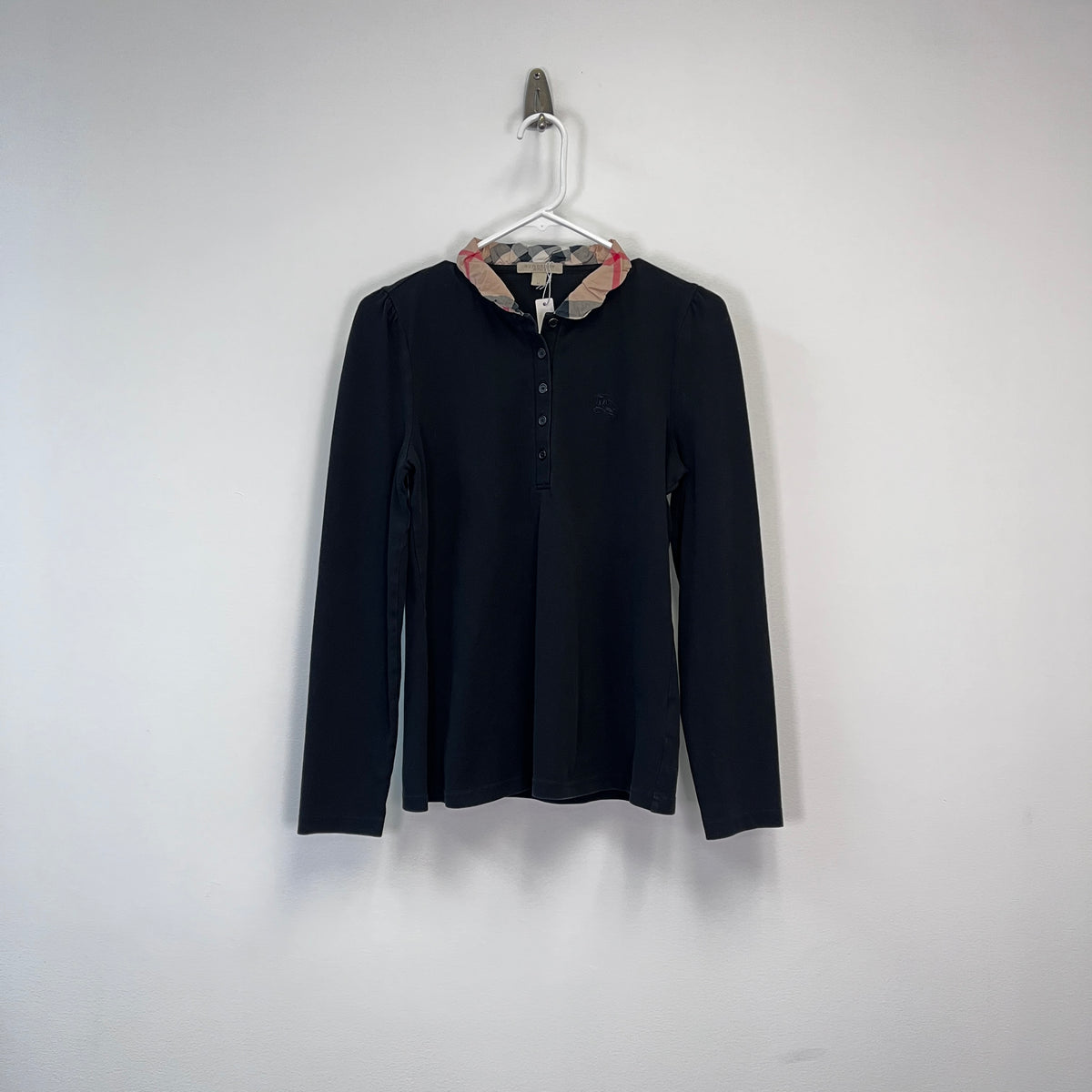 Burberry Black Long Sleeve Polo Shirt Check Ruffle Colla Size M