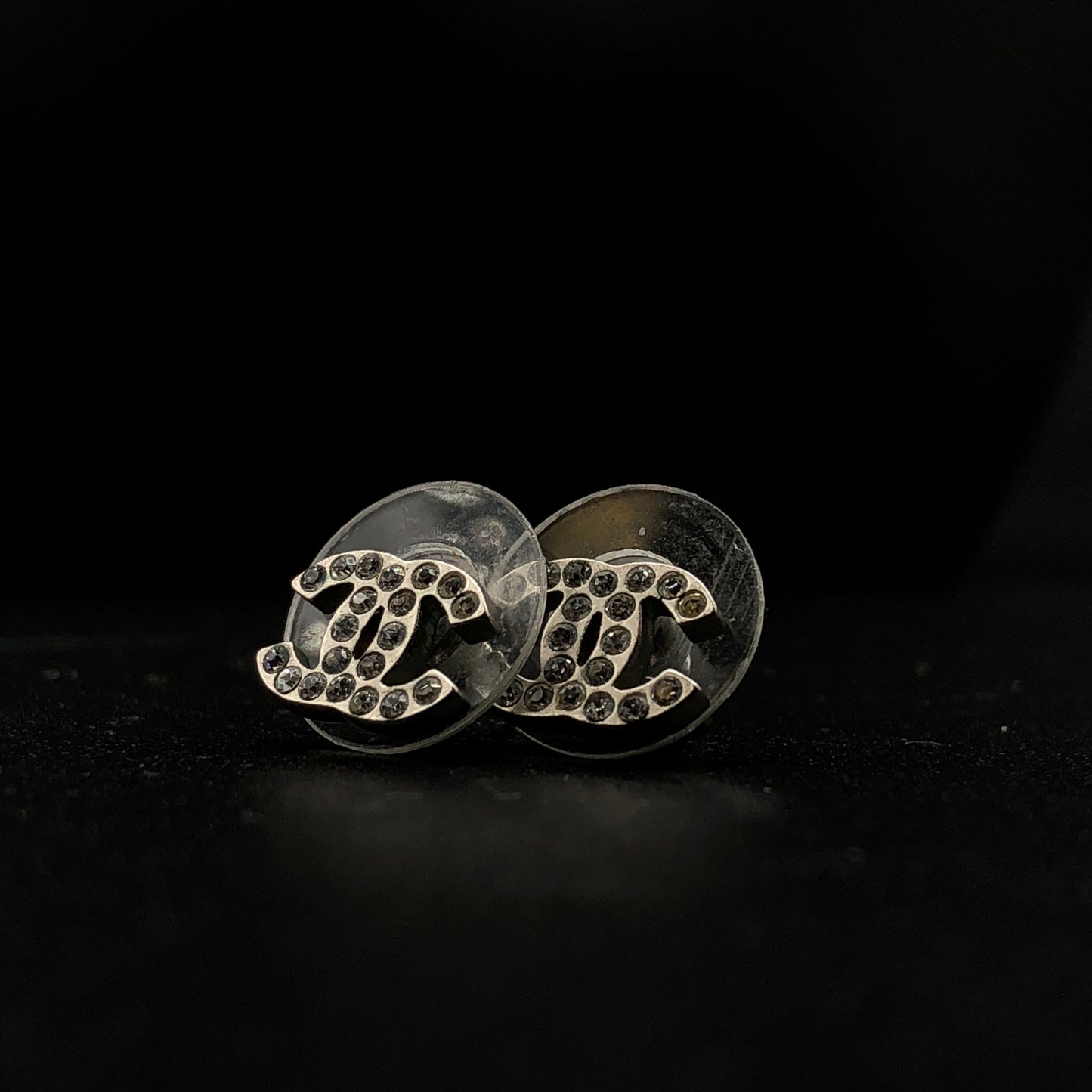 Chanel Silver-Tone Crystal Interlocking CC Stud Earrings