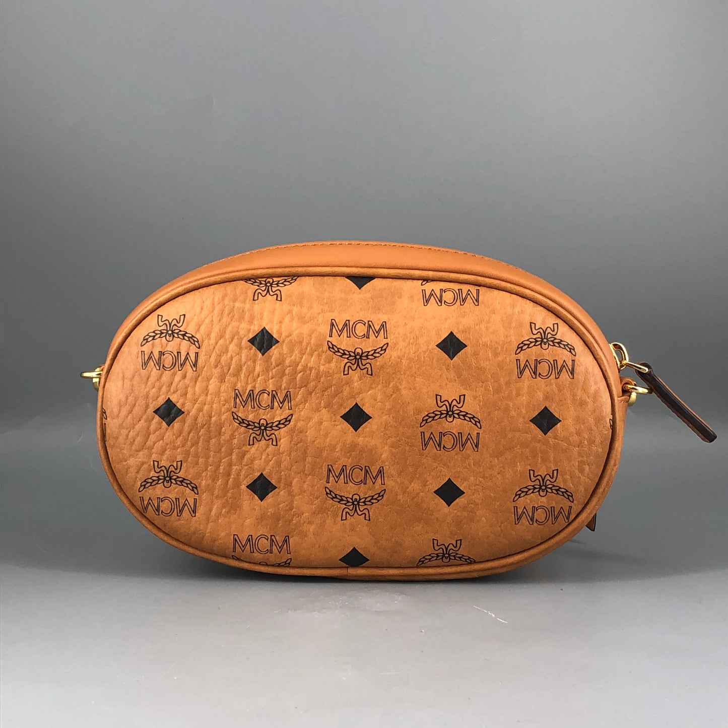 MCM Visetos Shearling Trim Oval Crossbody Camera Bag  Caramel