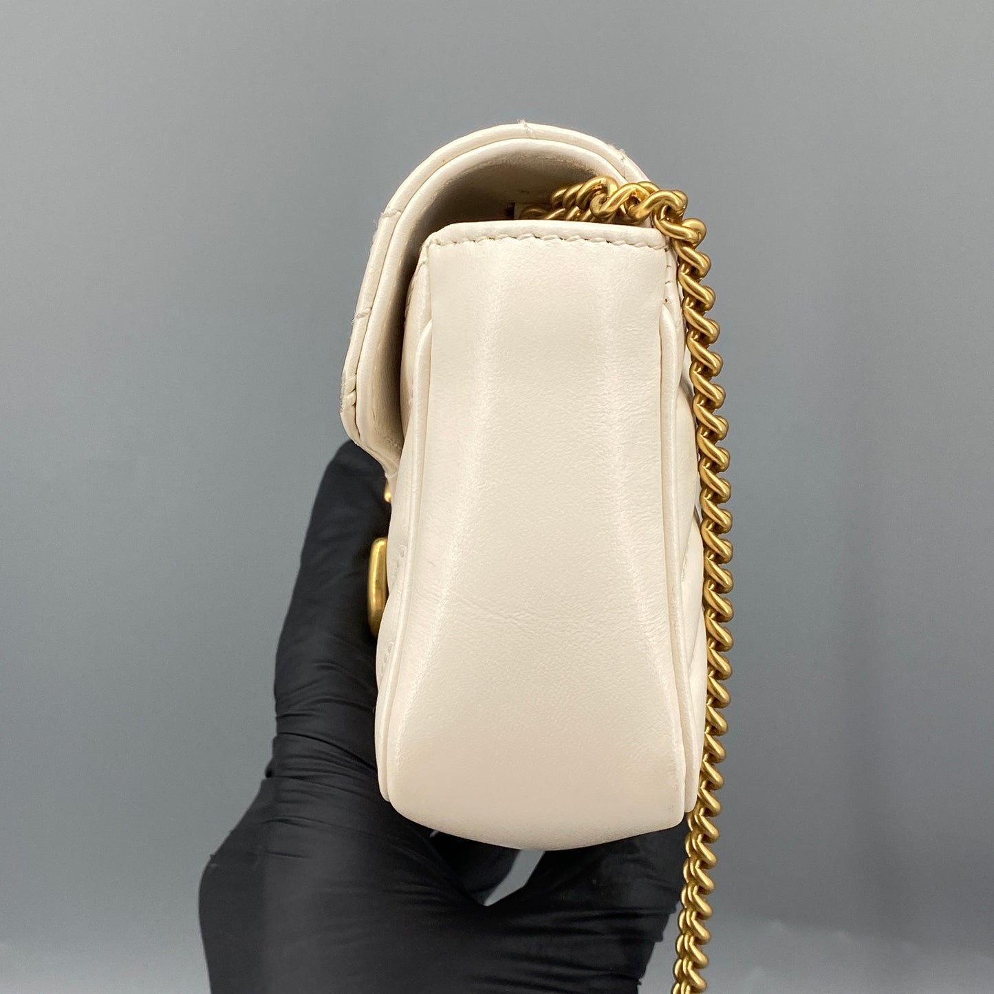 Gucci Cream GG Supreme Chevron Quilted Leather Marmont Mini Flap Chain Bag