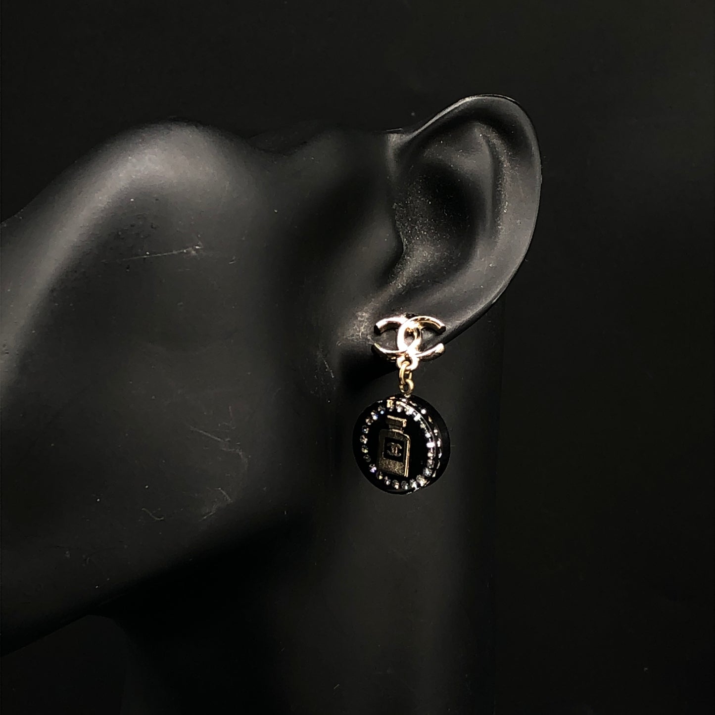 Chanel 2021 Gold Tone Black Enamel Crystal Round Drop Earrings