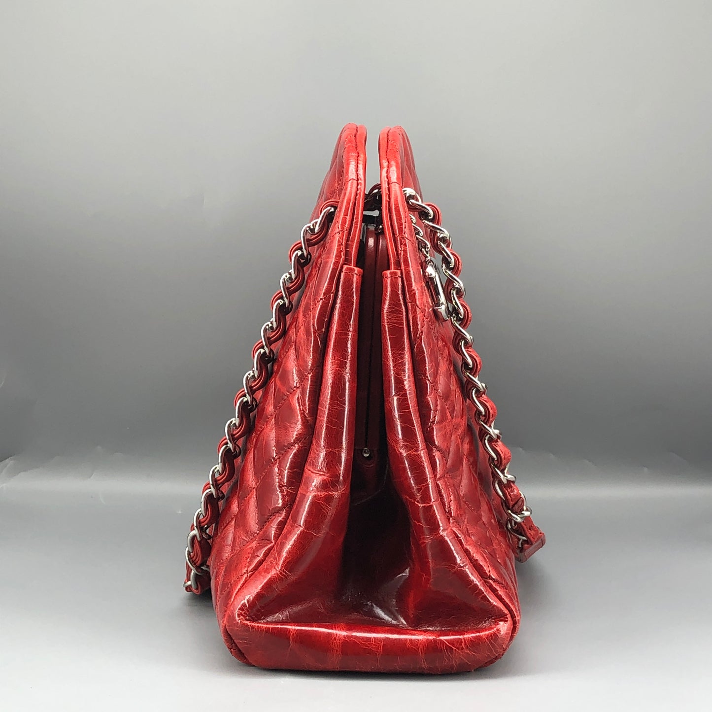 Chanel Just Mademoiselle Quilted Patent Leather Bowling Shoulder Bag Cherry Red