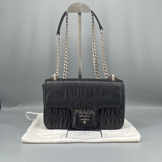 Prada Black Gathered Leather Chain Shoulder Bag