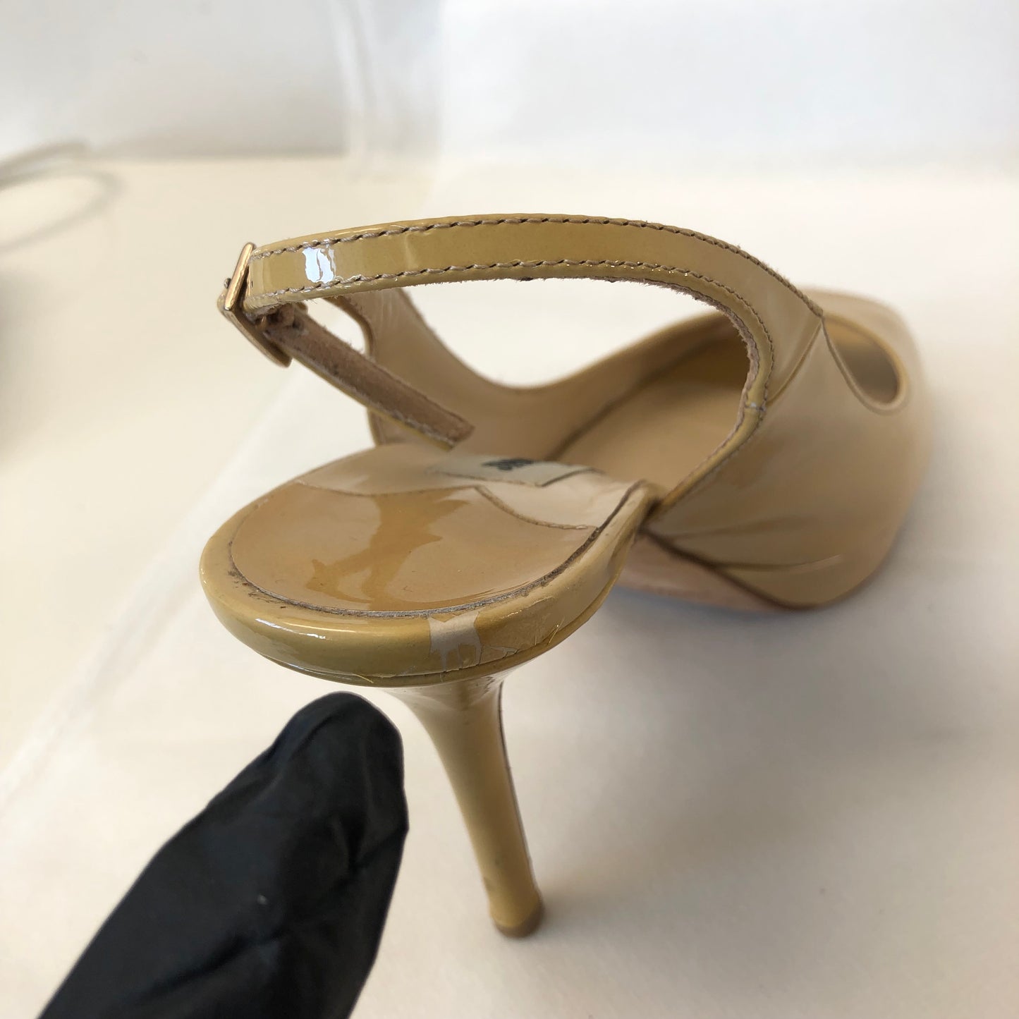 Jimmy Choo Patent Leather Peep Toe Slingback Shoes 36.5 Nude Women