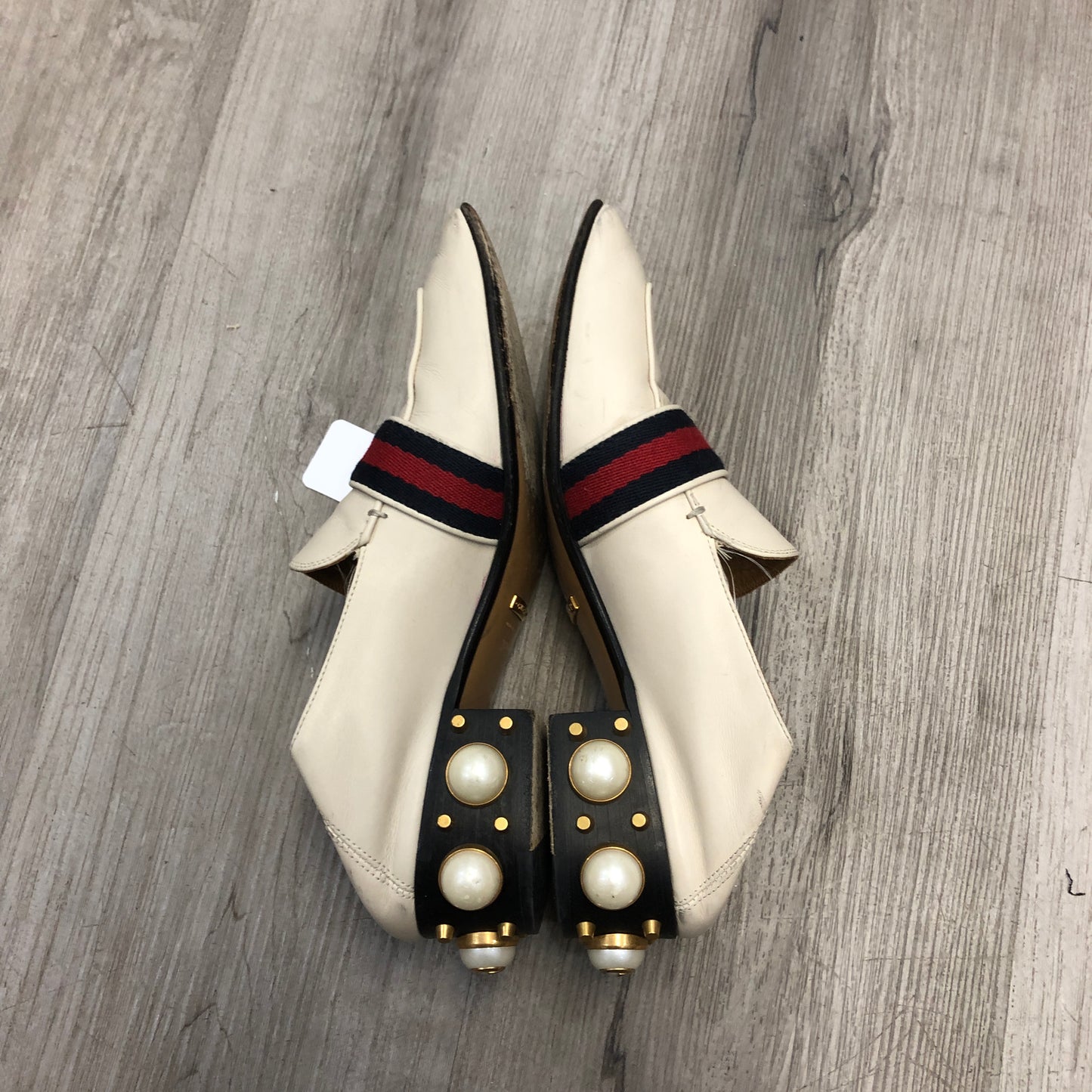 Gucci Women's Web Stripe Pearl Heel Mule Slip On Loafer Shoes 36.5 Cream Red Green