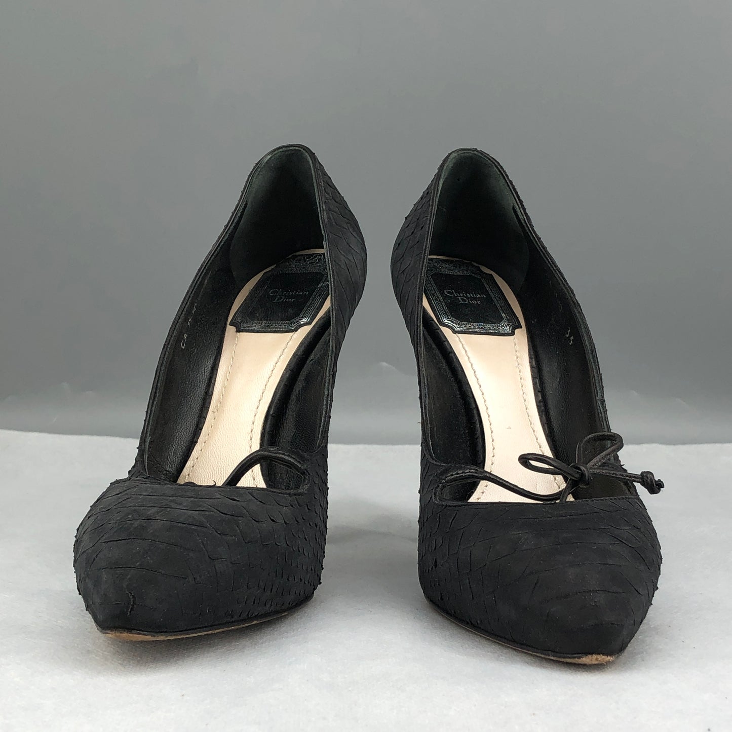 Christian Dior Black Textured Suede Bow Pointed Stiletto Pumps 35