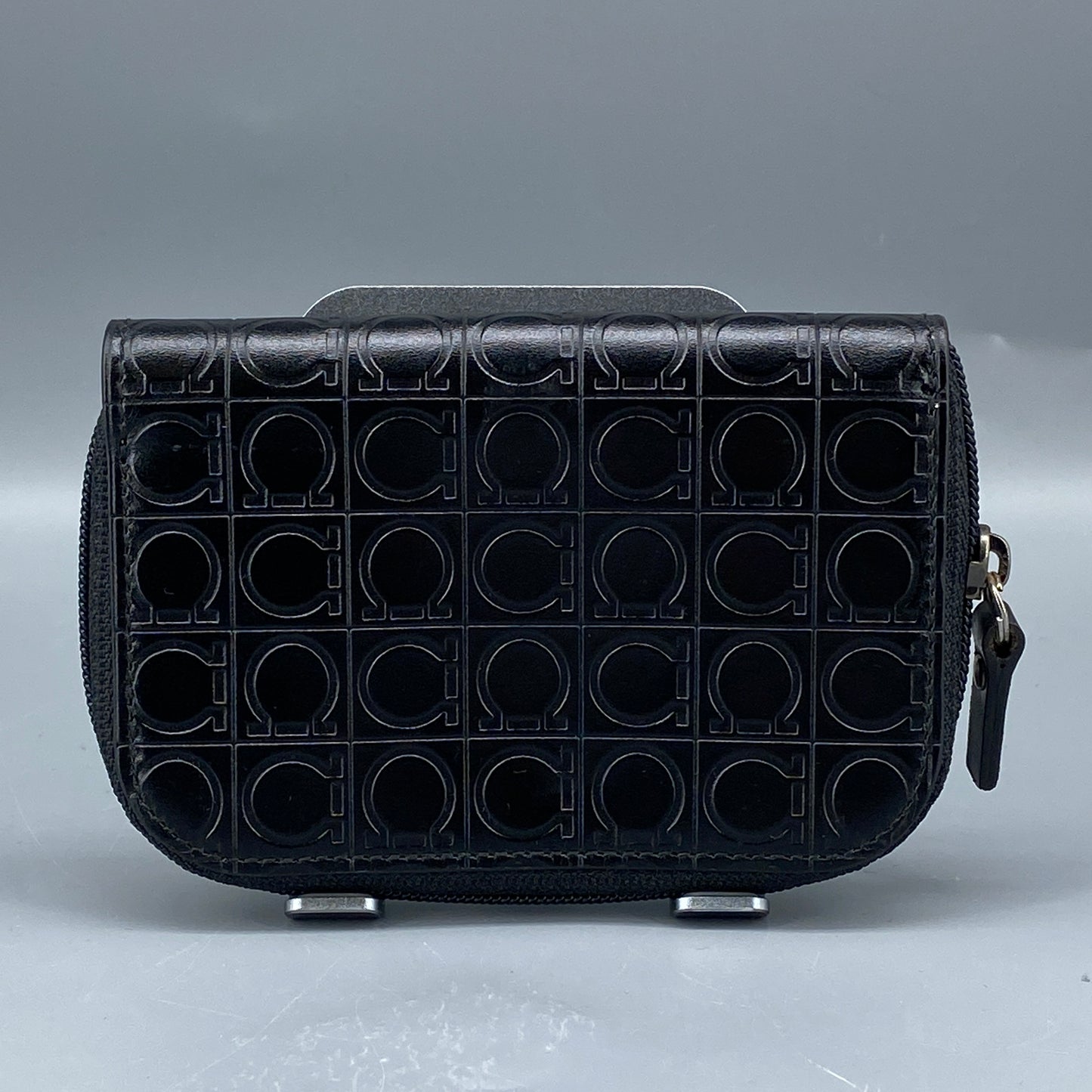 Ferragamo Black Embossed Gancini Full-Zip Mini Coin Purse