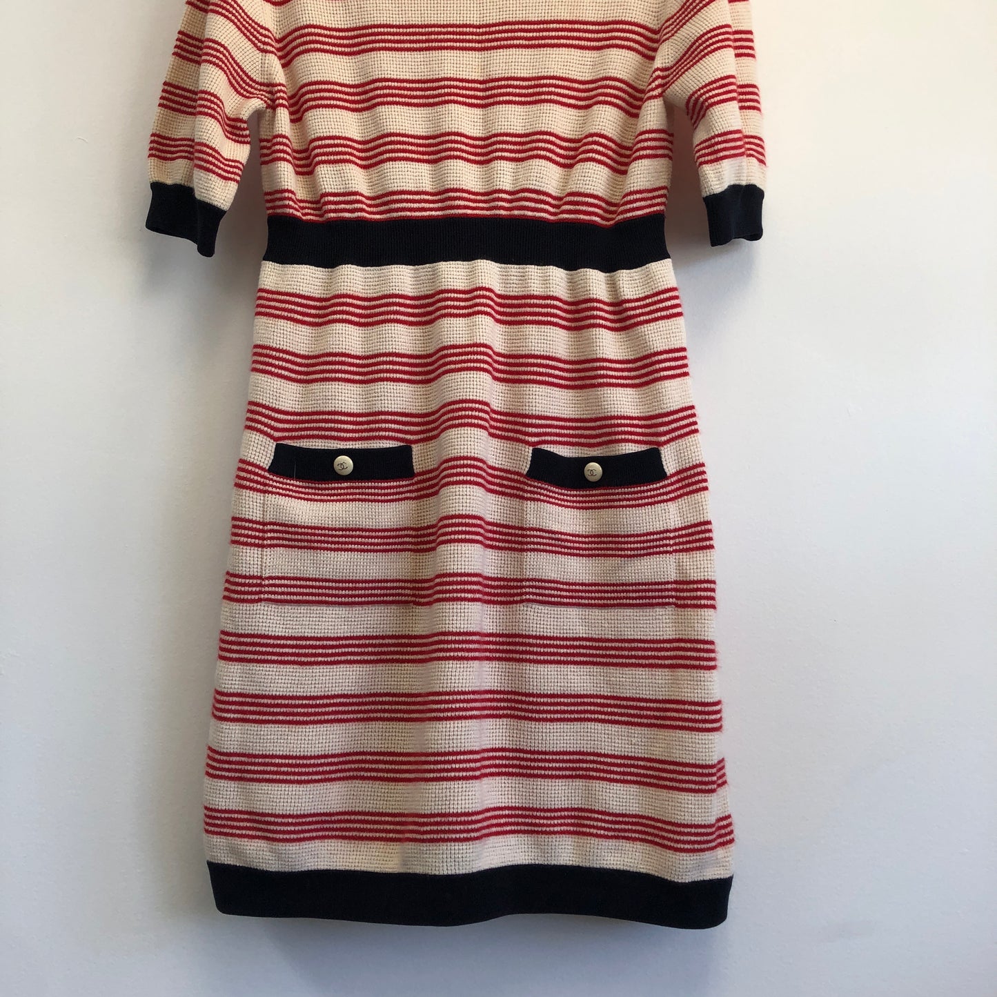 Chanel Red/Cream/Black Striped Knit Fit-and-Flare Dress