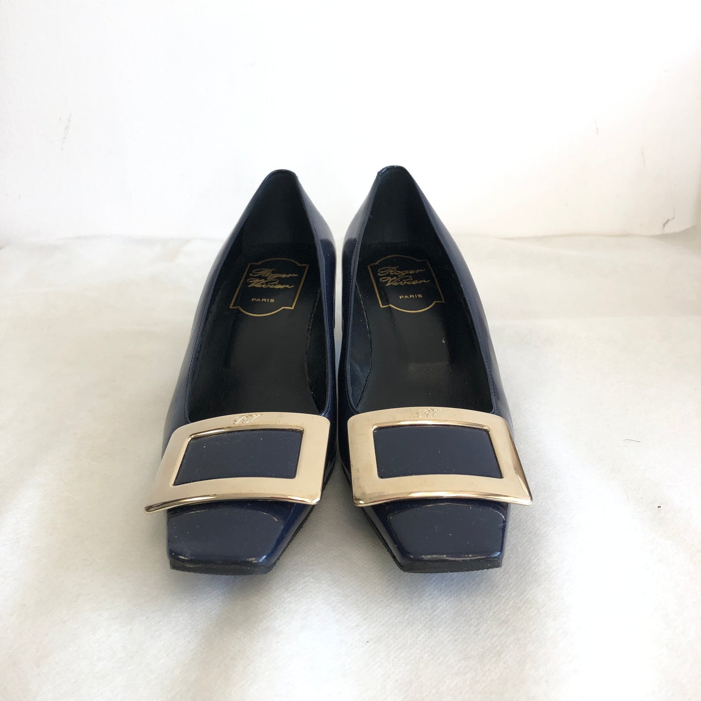 Roger Vivier Navy Patent Leather Square‑Buckle Block Heel Shoes size 35 1/2