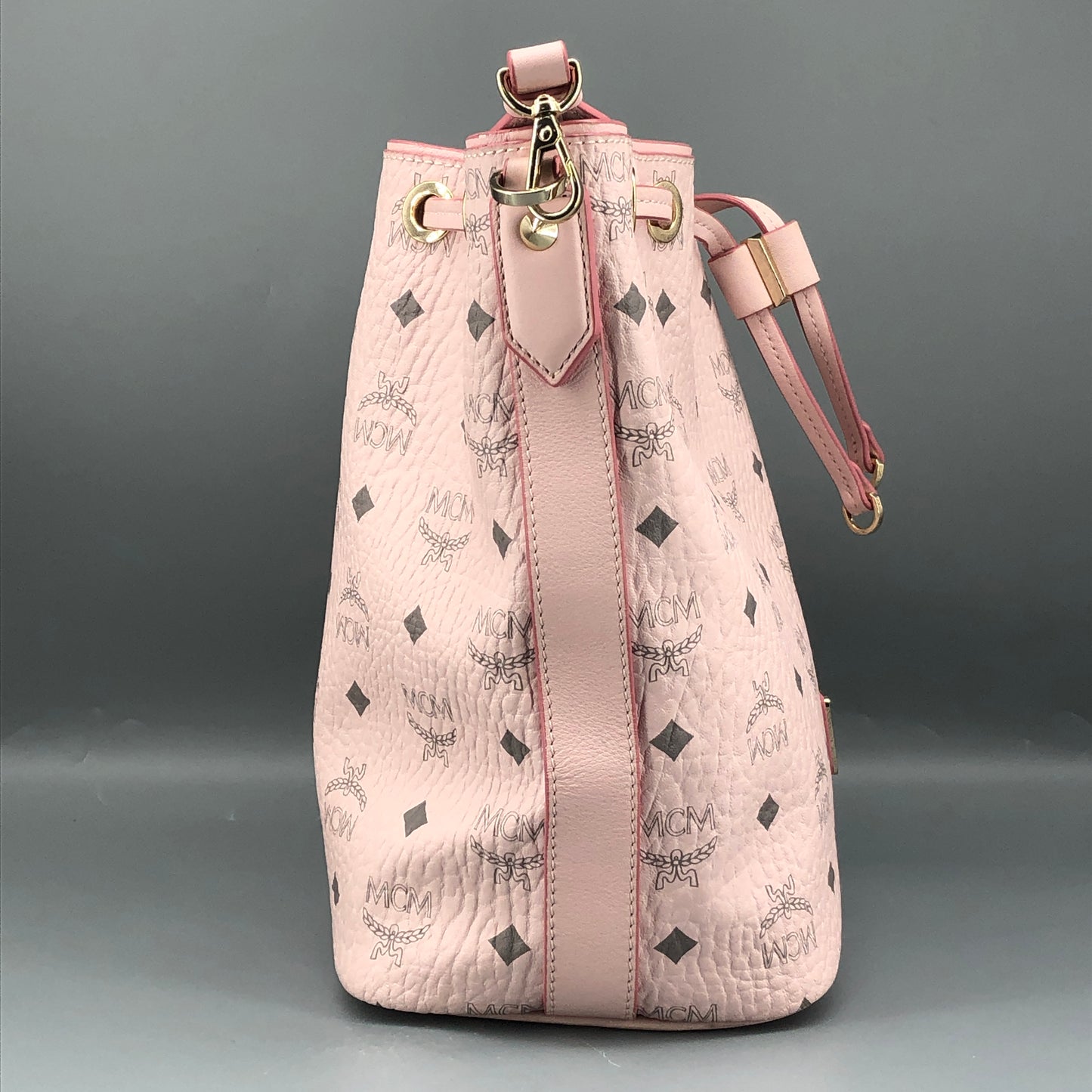 MCM Pink Visetos Print Drawstring Bucket Bag