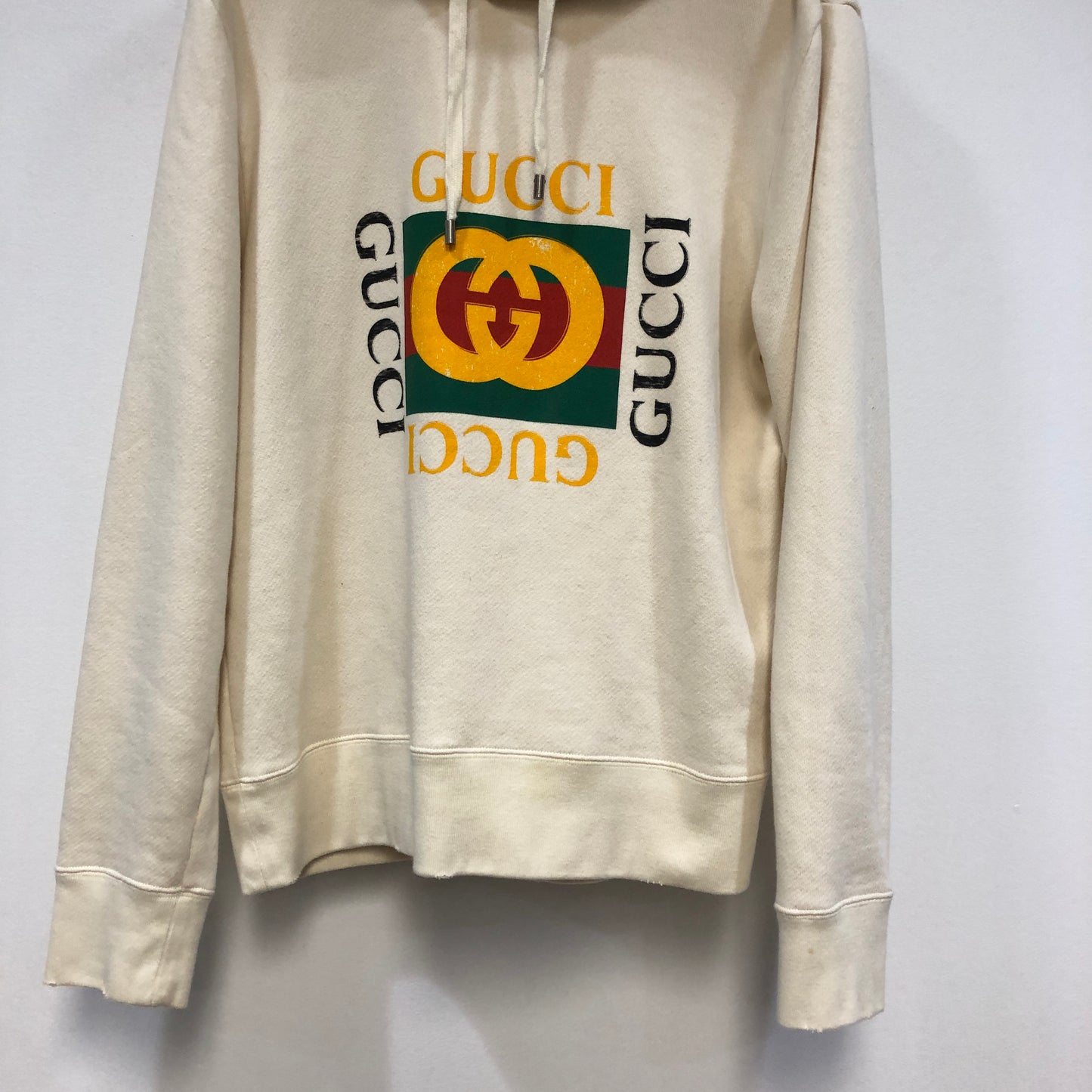 Gucci Interlocking G Logo Distressed Hoodie Size M Cream