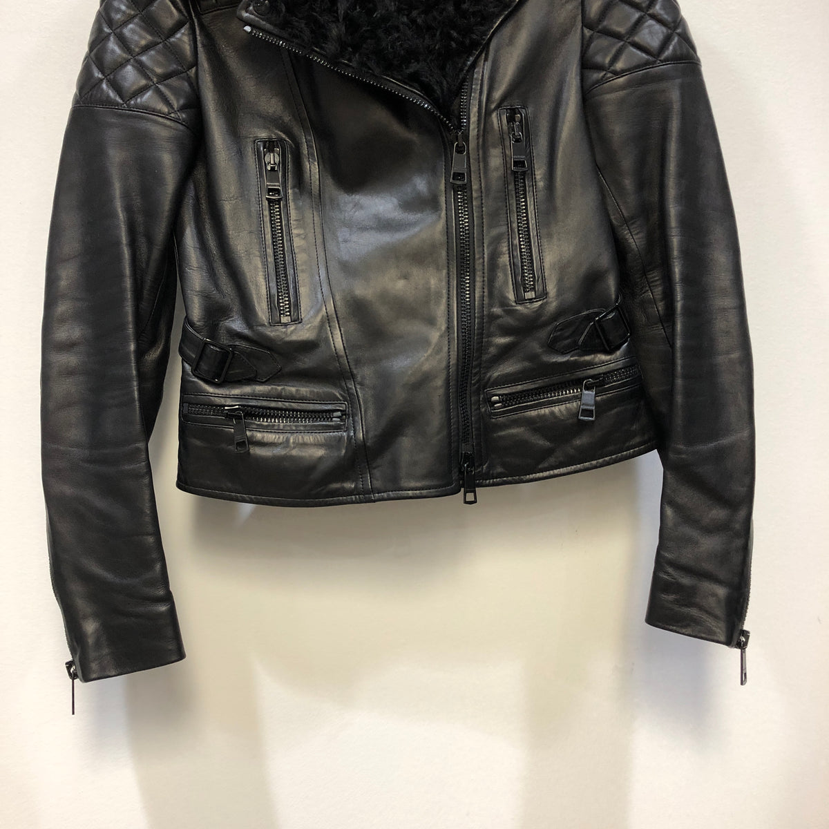Burberry Black Shearling Collar Leather Biker Jacket US size 4