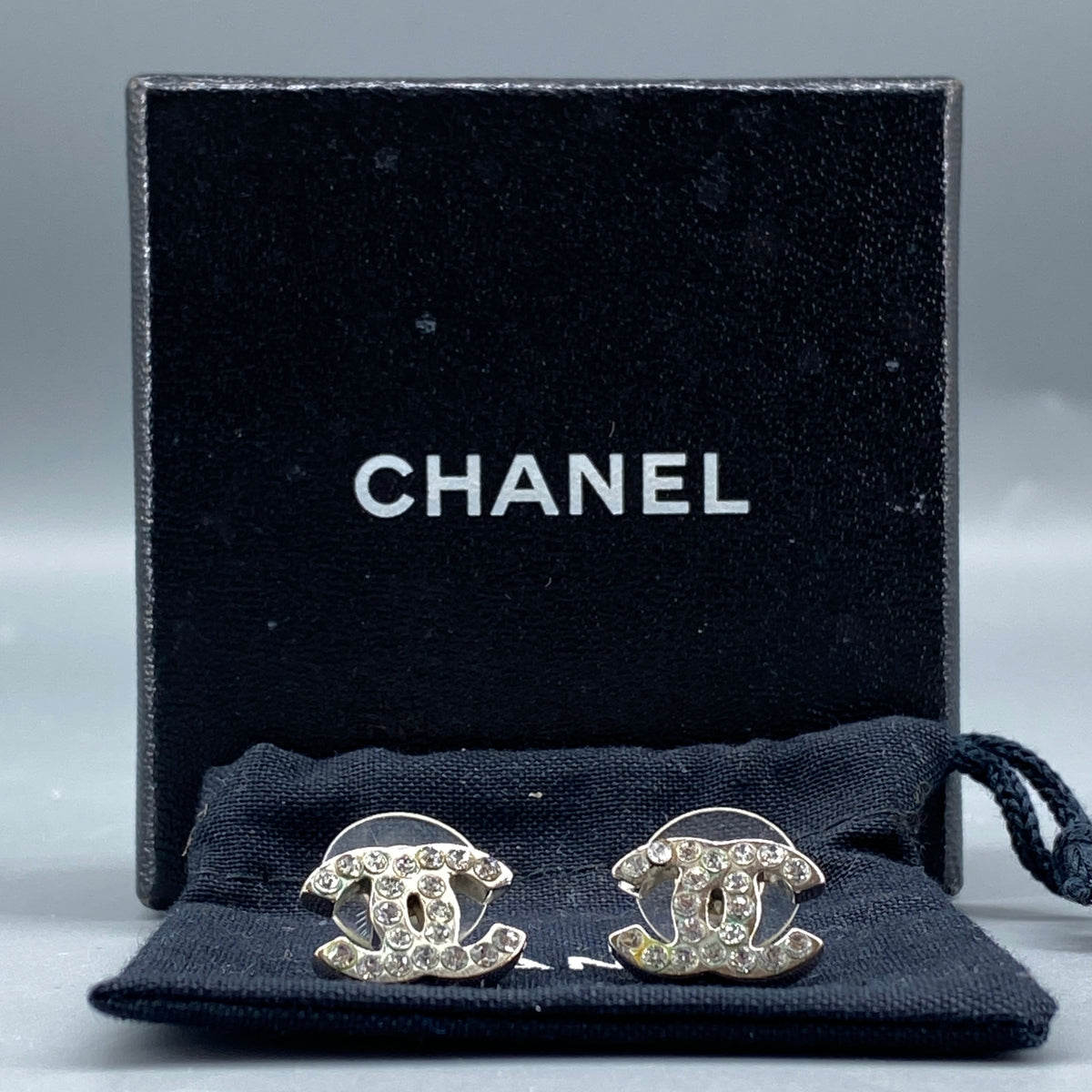 Chanel Silver Tone CC Crystal Stud Earrings