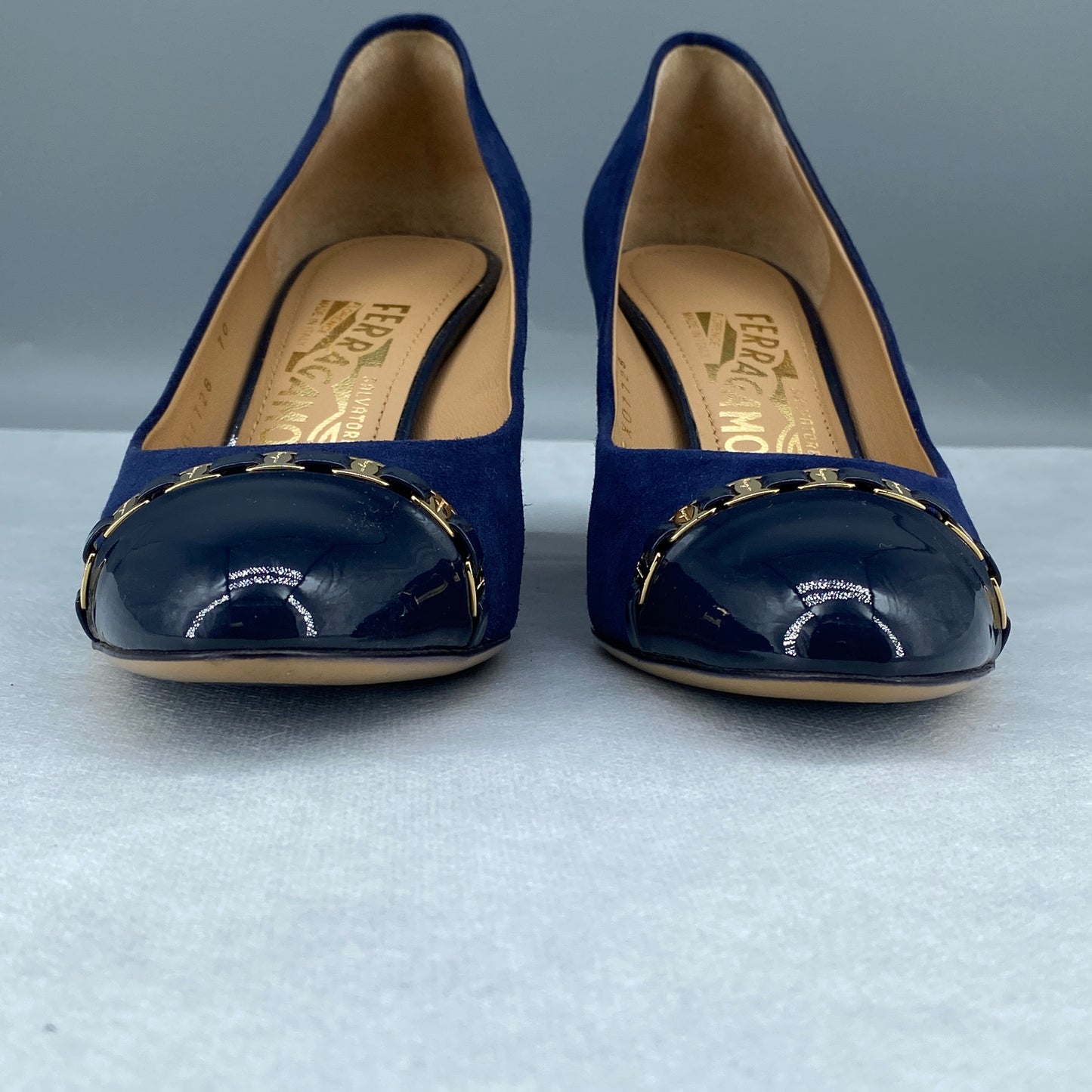 Ferragamo Women’s Deep Blue Suede Patent Toe Wedge Heels Shoes