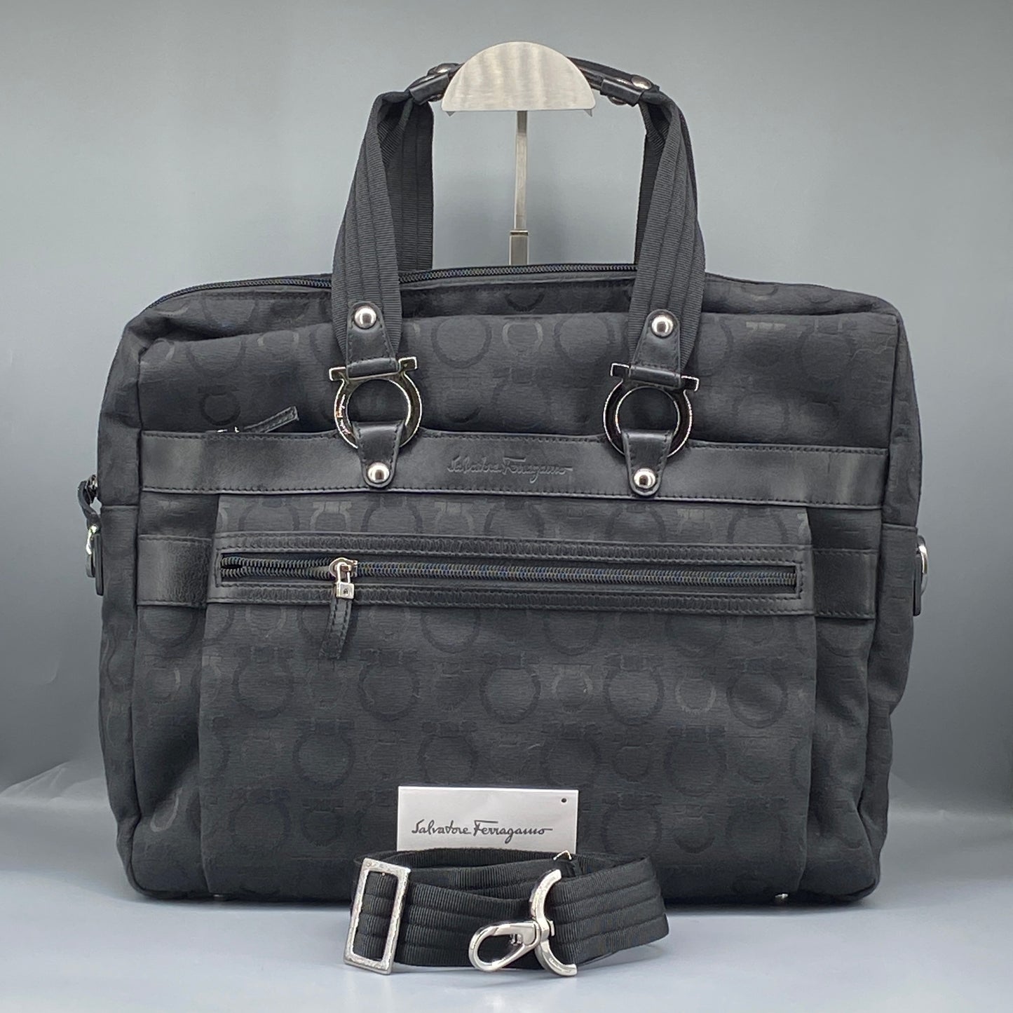Ferragamo Black Gancini Jacquard Briefcase Business Handbag
