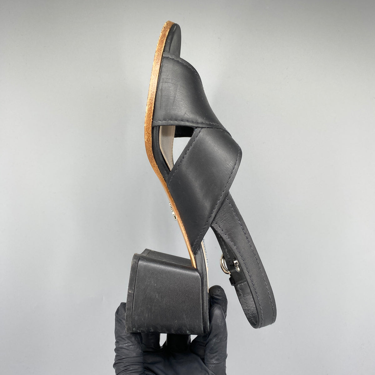Prada Women's Black Leather Block Heel Slingback Sandal Size 35.5