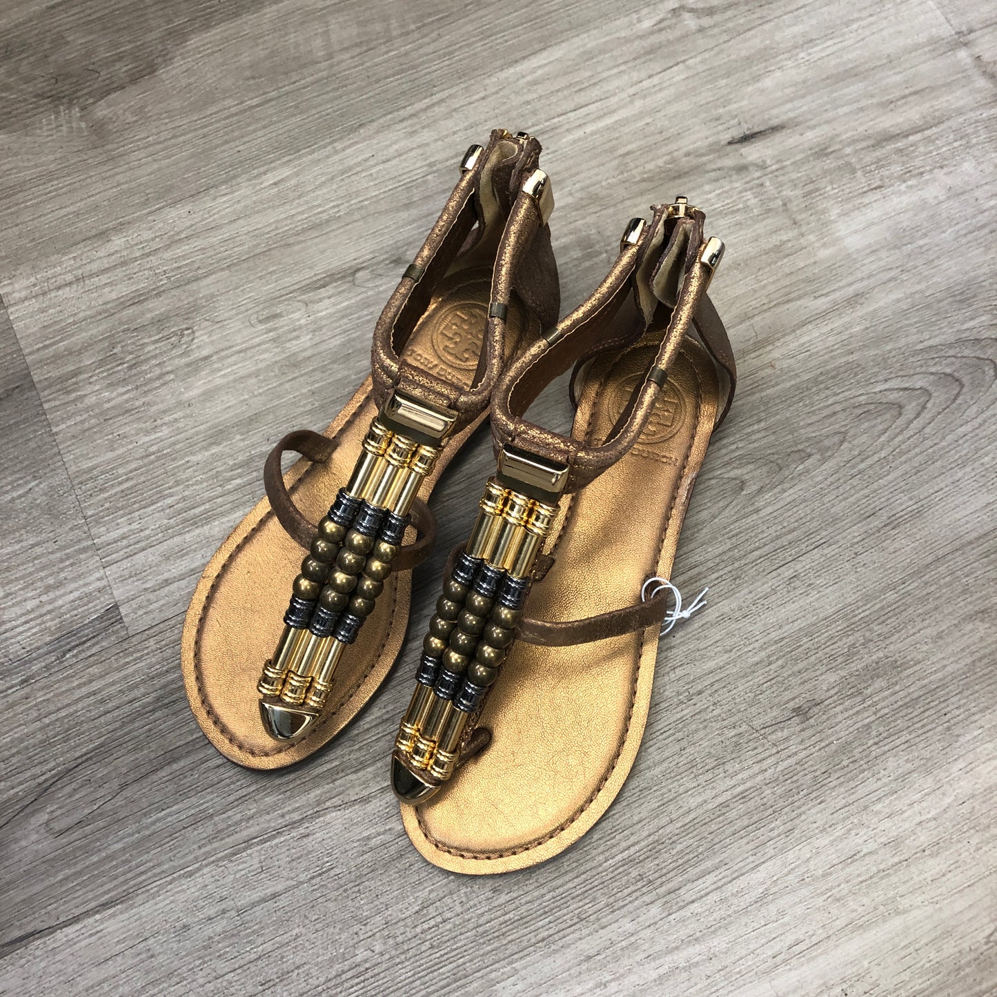 Tory Burch Women's  Embellished T-Strap Flat Sandals 5M Gold/Tan