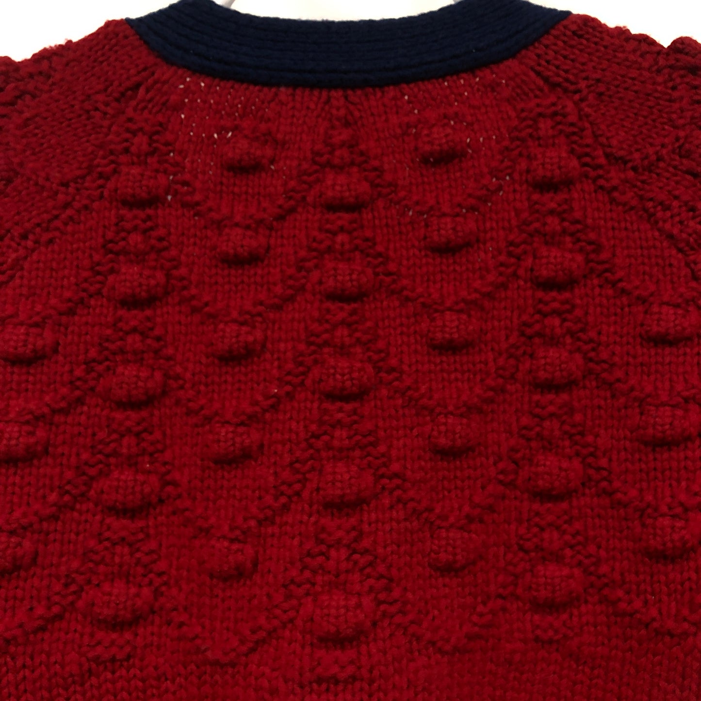 Chanel Red Cable Knit Cardigan with Navy Trim Size 44