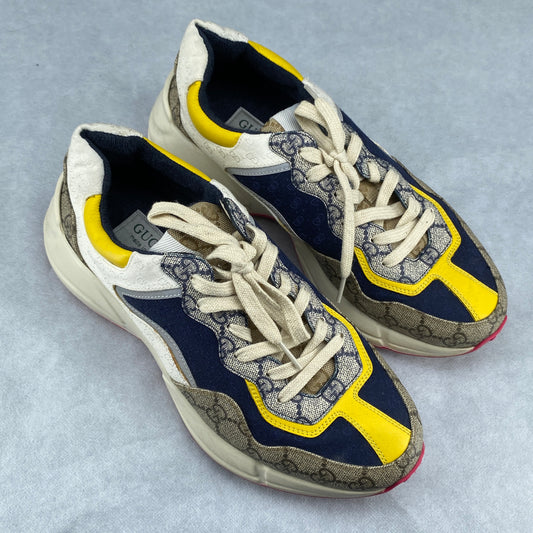 Gucci Men’s Navy Yellow & Beige GG Supreme Rhyton Multi-Material Low Top Sneakers Size 7.5