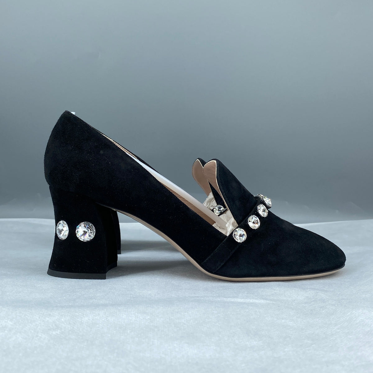 Miu Miu Black Suede Crystal Block Heel Women Shoes Size 36