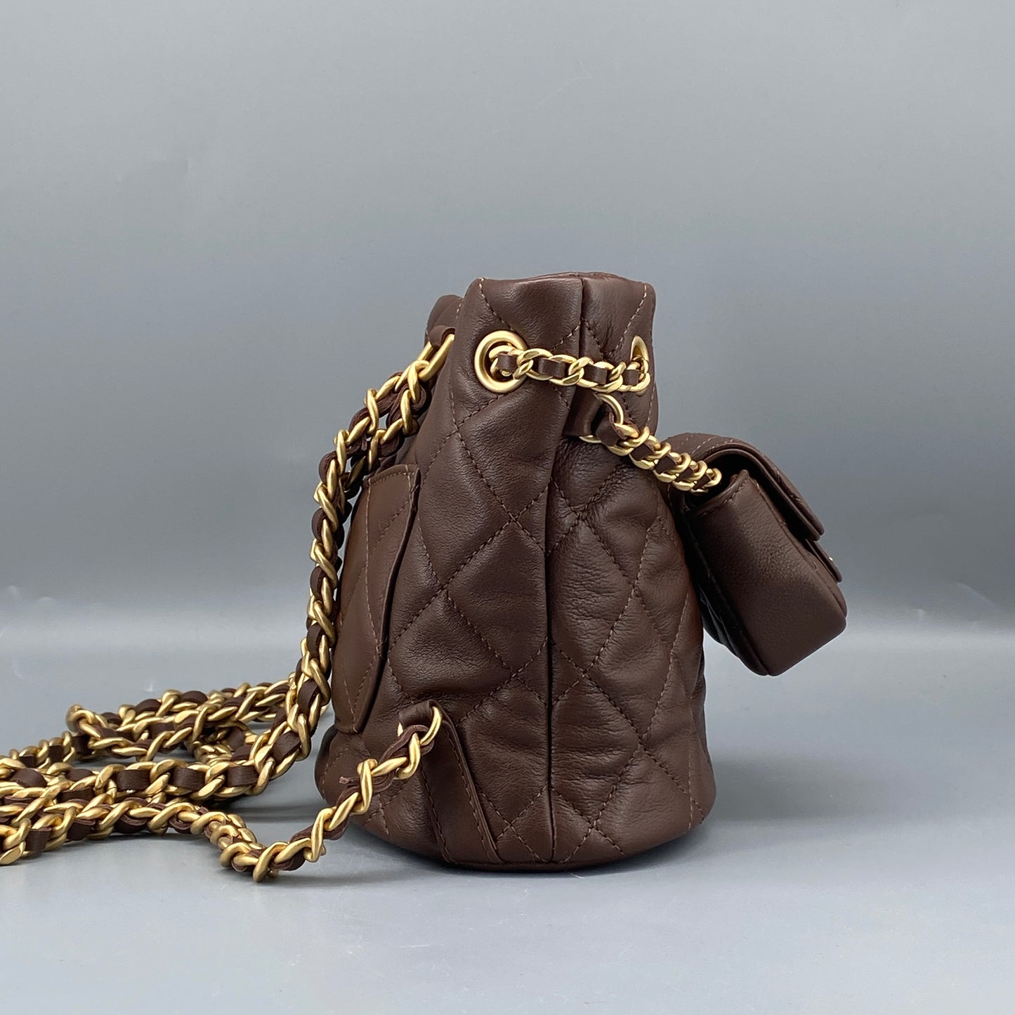 Chanel 23A Deep Brown Quilted Leather Mini Bucket Bag