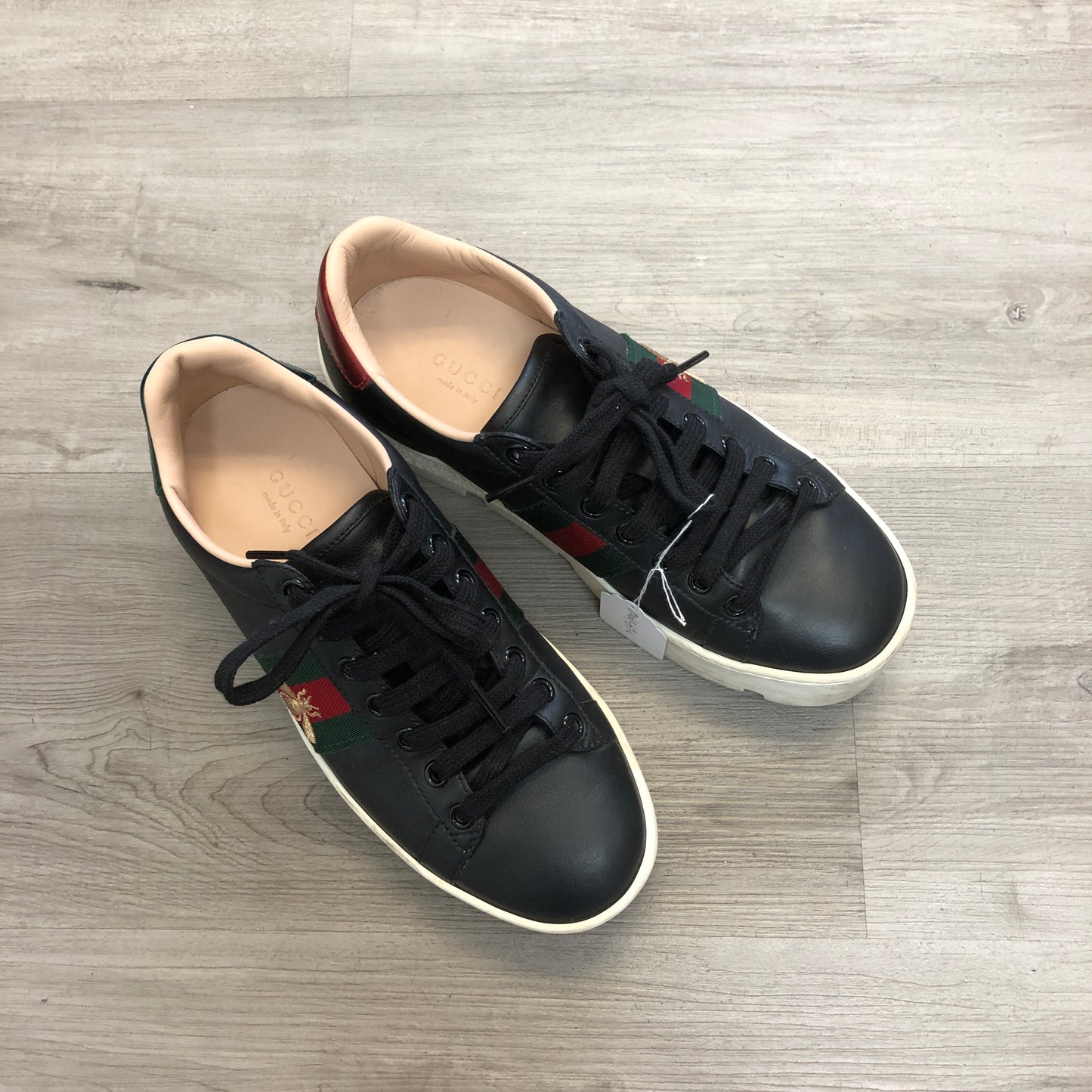 Gucci Ace Bee Embroidered Leather Sneaker Shoes 35 Black