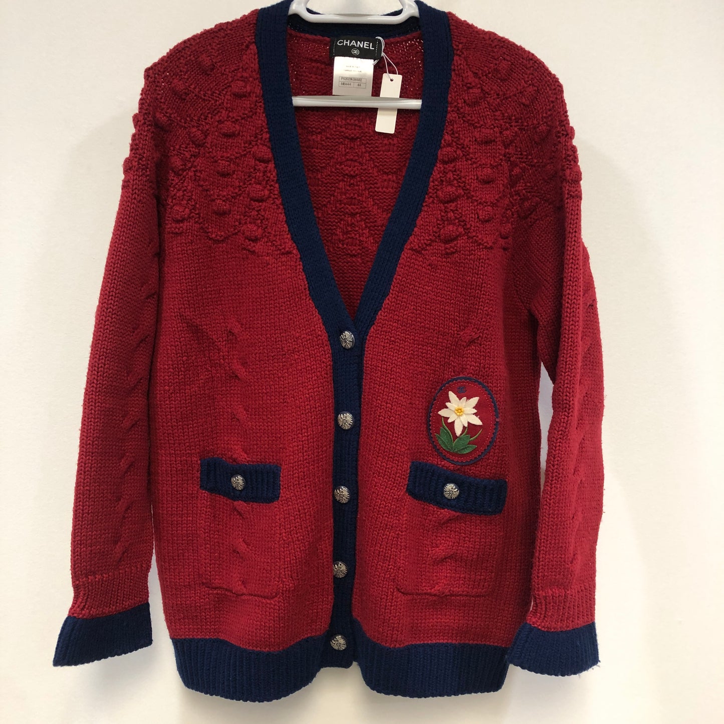 Chanel Red Cable Knit Cardigan with Navy Trim Size 44