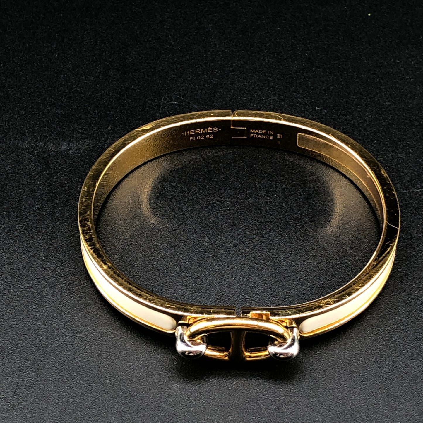 Hermes White Enamel Gold H Buckle Bangle Bracelet