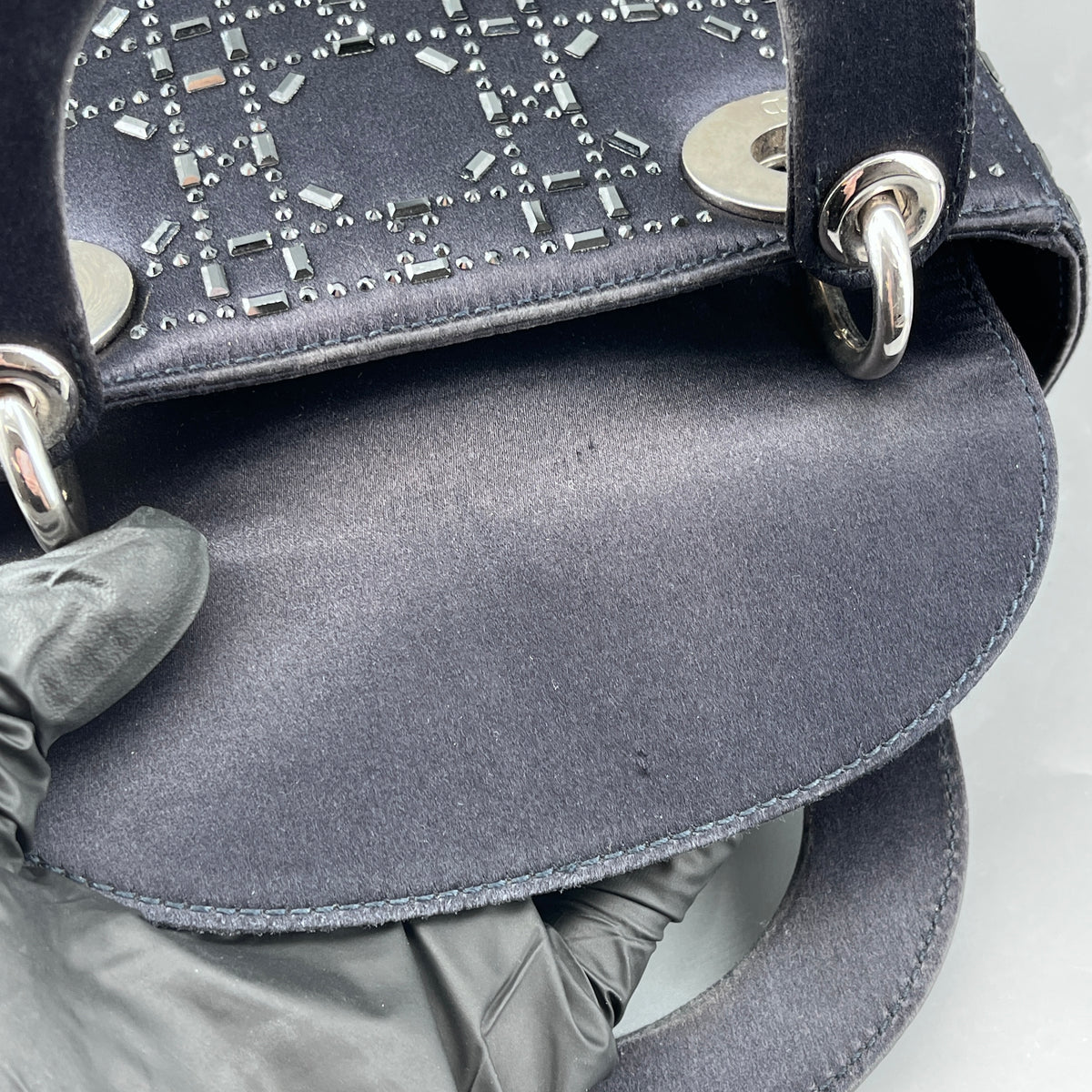 Christian Dior Navy Blue Satin Beaded Lady Dior Handbag