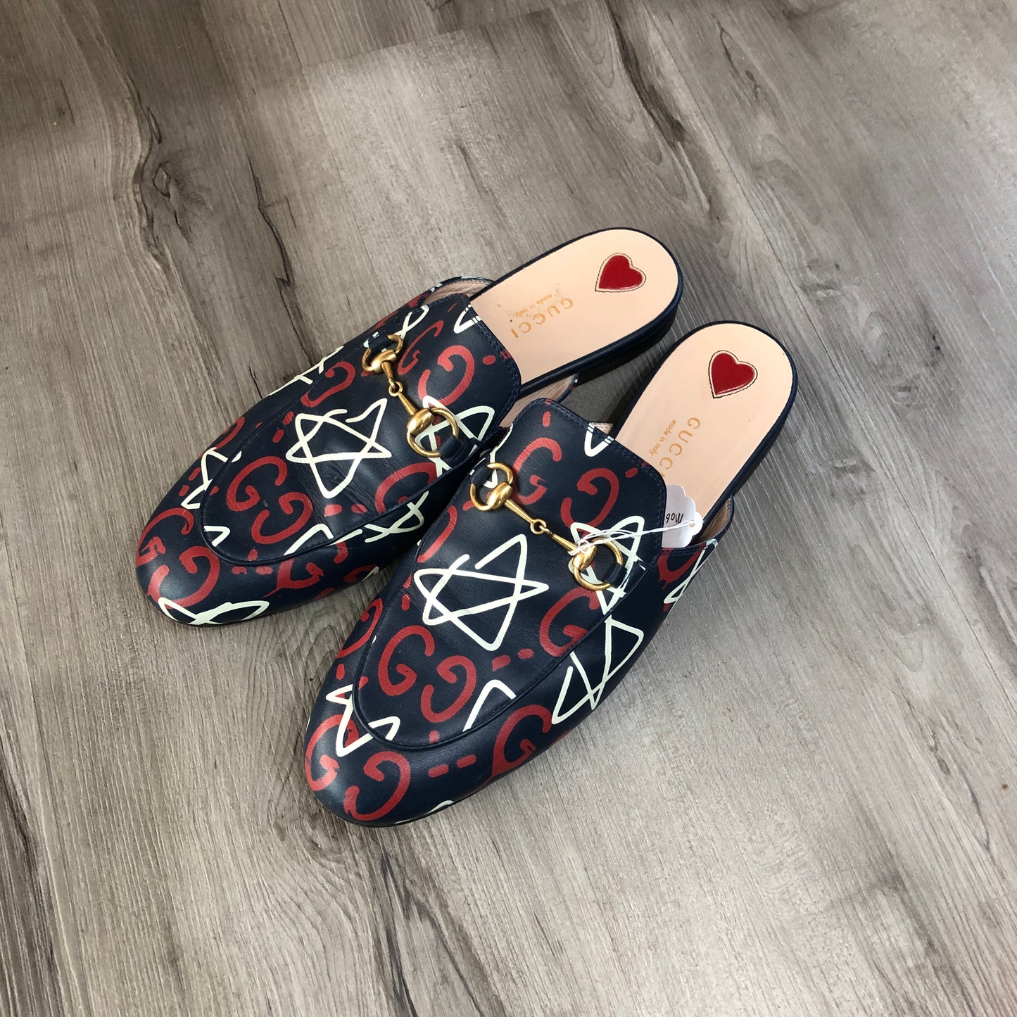 Gucci Star Print Princetown Backless Mule Loafers Size 39 Navy Blue White Red