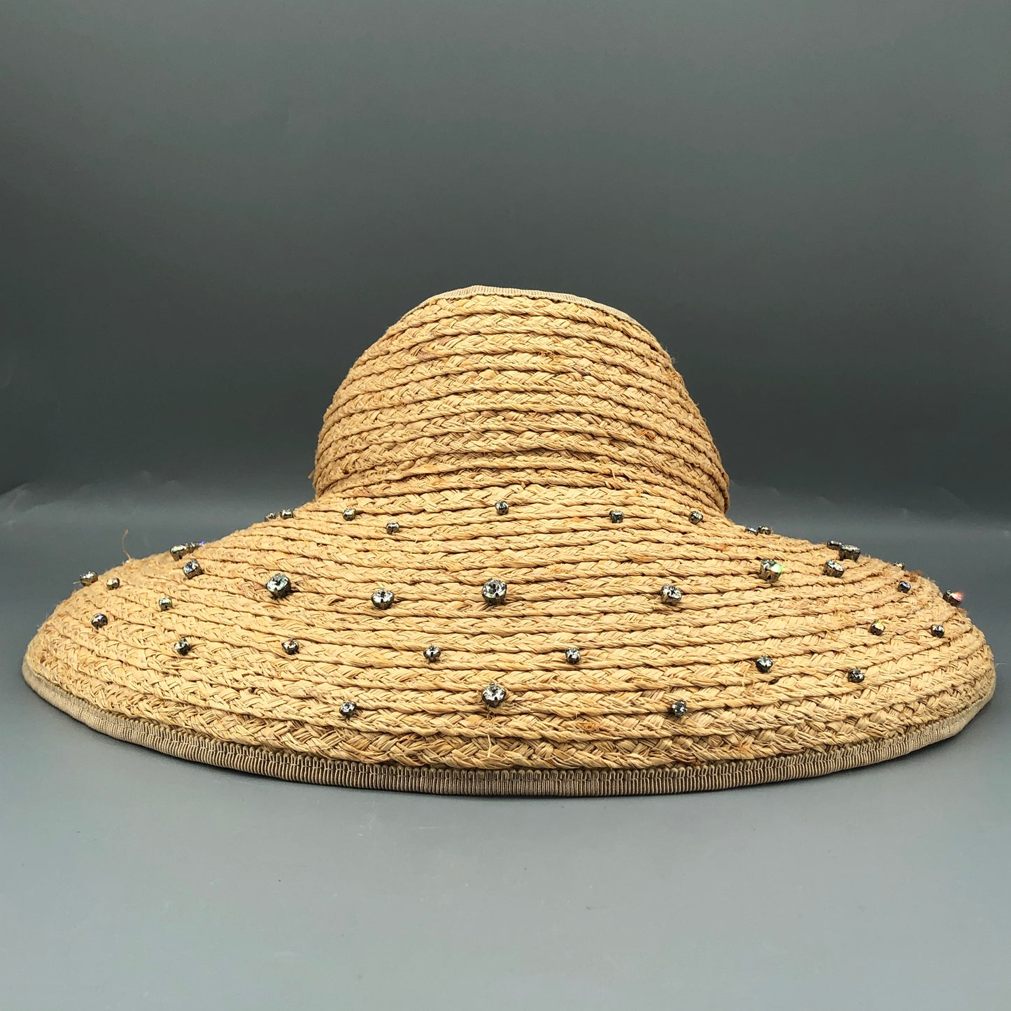 Miu Miu Crystal Embellished Raffia Visor Sun Hat Size M
