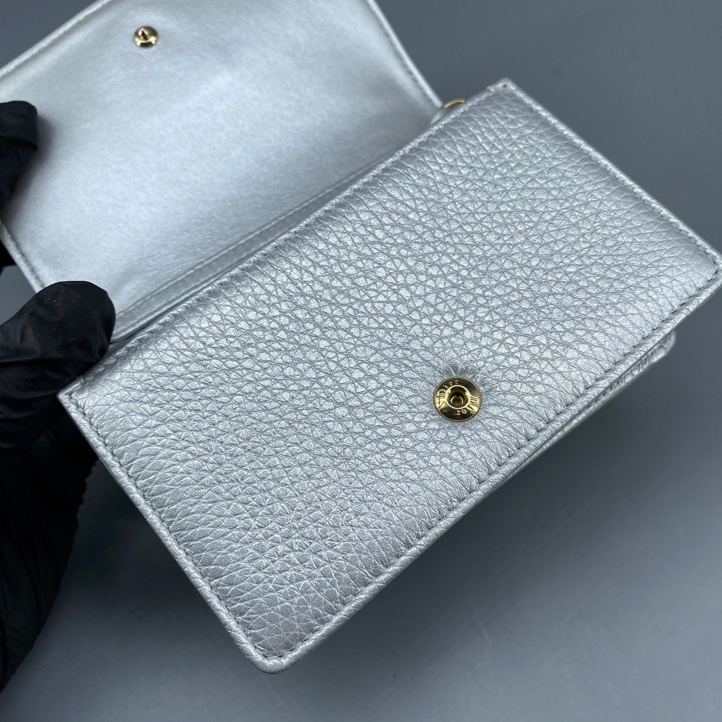 Christian Dior Mini Silver Metallic Pebbled Leather Shield Logo WOC Crossbody Bag