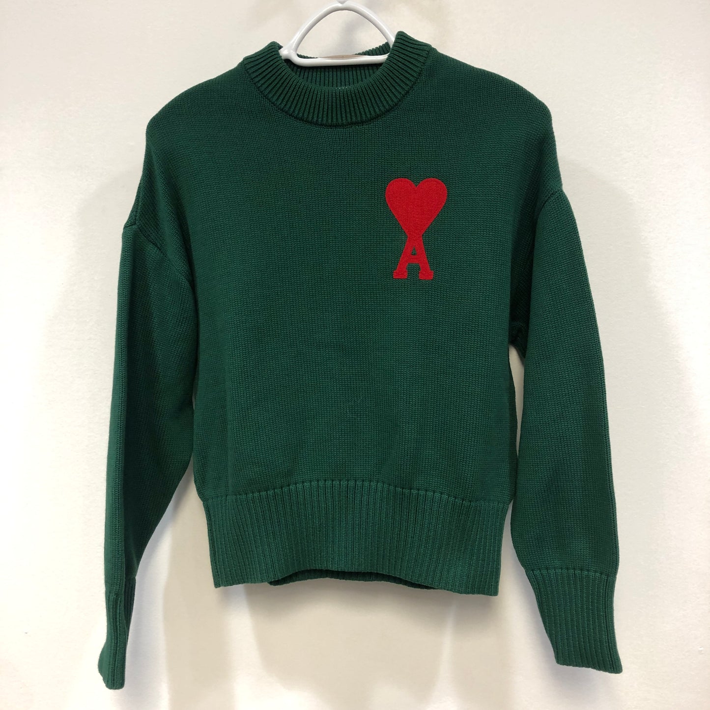 Ami Paris Dark Green Red Heart Logo Knit Sweater Size S