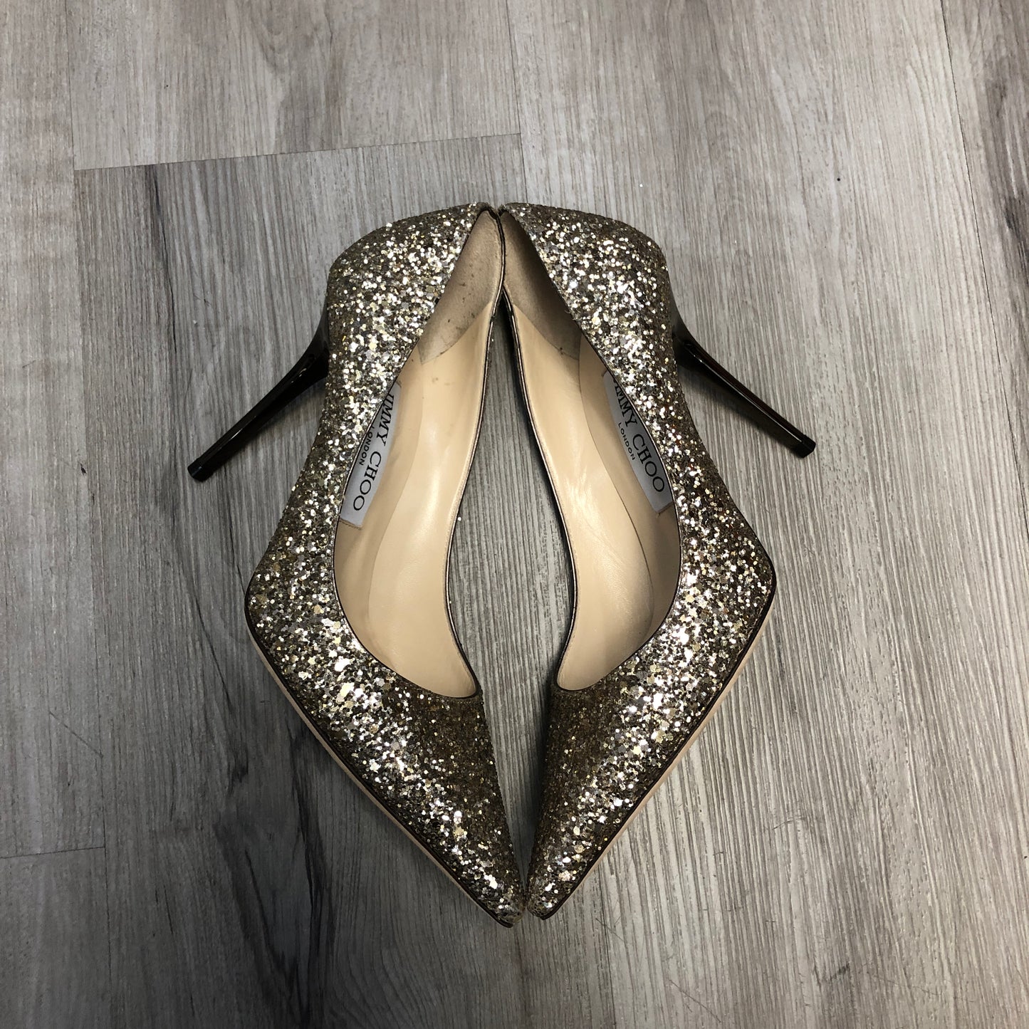 Jimmy Choo Gold Glitter Pointed Toe Pumps 36