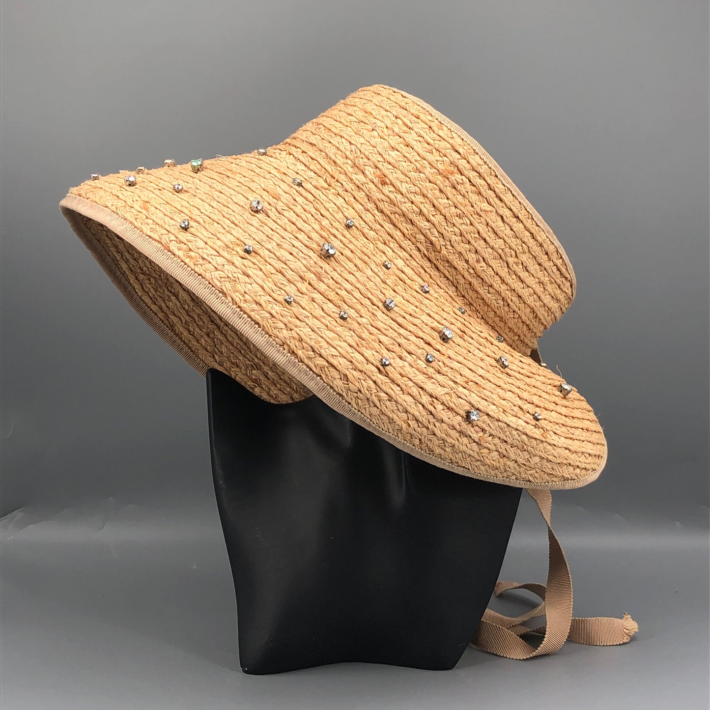 Miu Miu Crystal Embellished Raffia Visor Sun Hat Size M