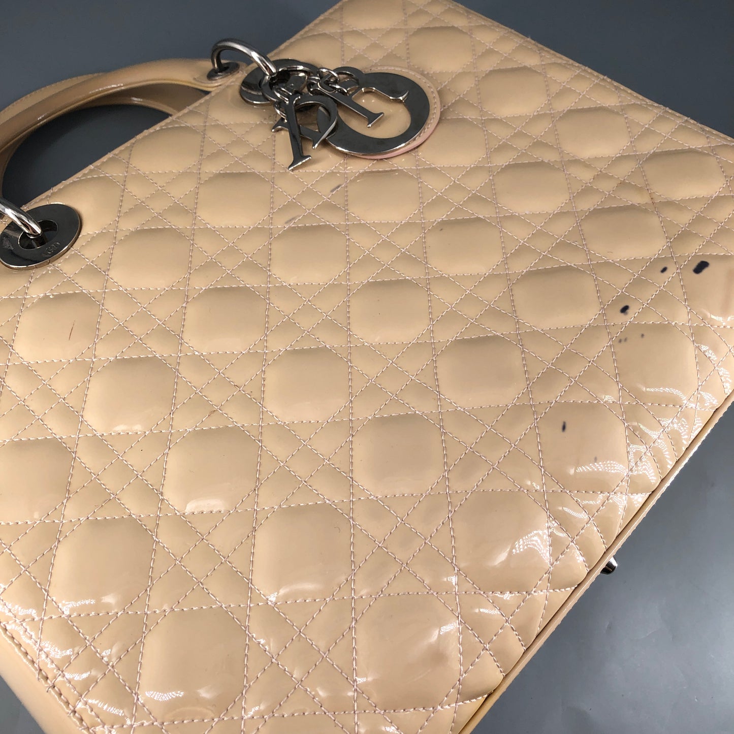 Christian Dior Lady Dior Large Cannage Patent Leather Handbag Nude
