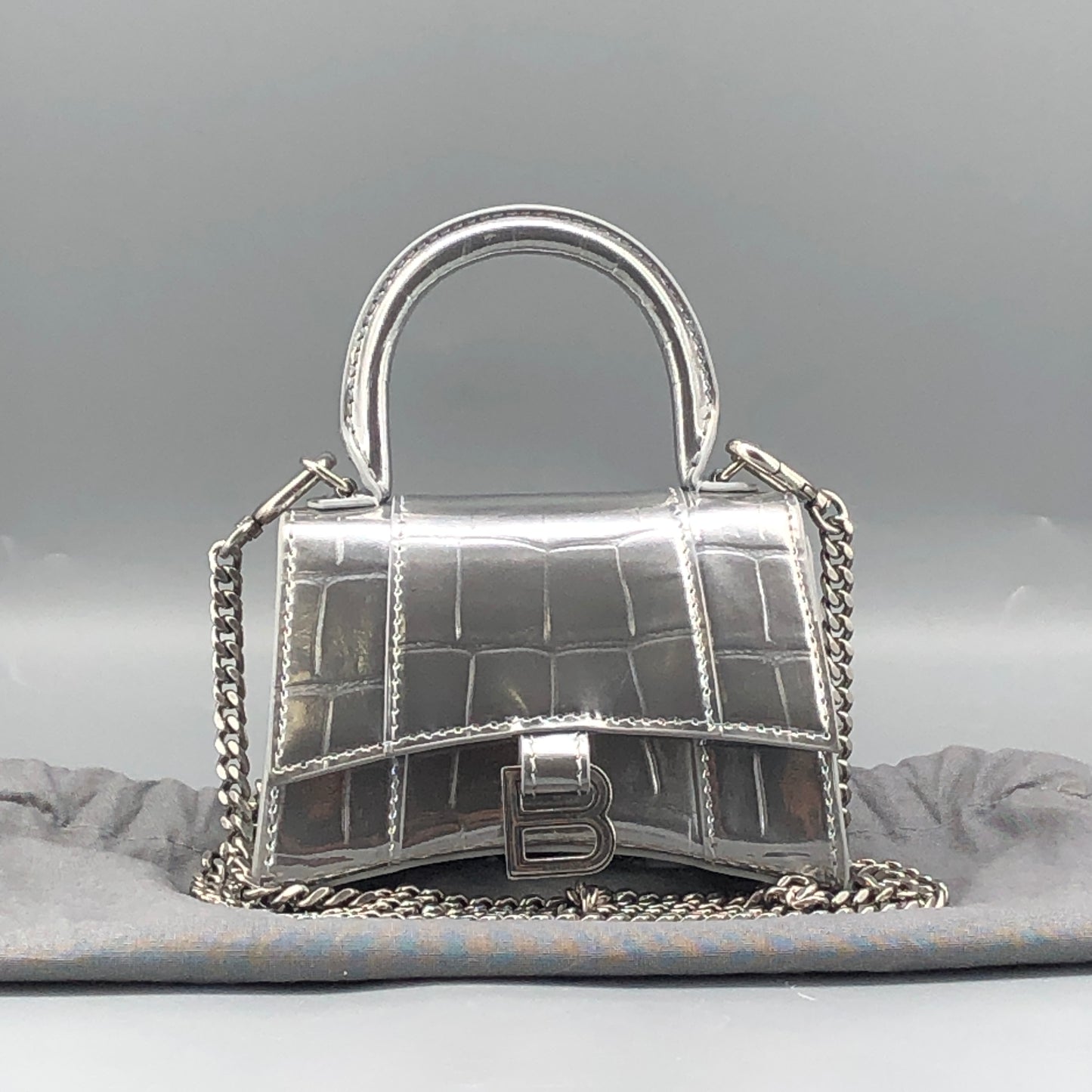 Balenciaga Silver Croc Embossed micro Hourglass Top Handle Bag