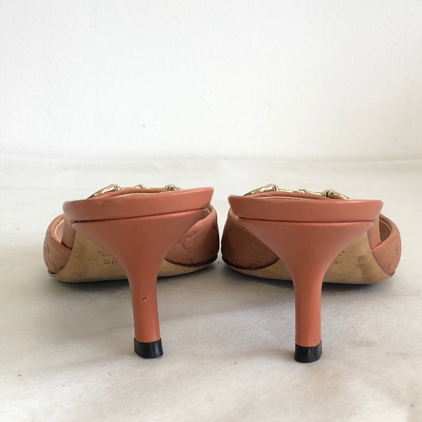 Gucci Women's Coral Leather Women's Horsebit Mule Heels Size 36.5