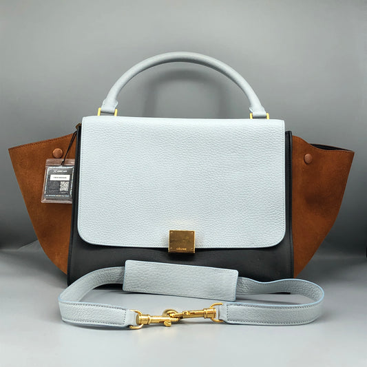 Celine Trapeze Leather & Suede Tote Bag Light Blue/Caramel/Black