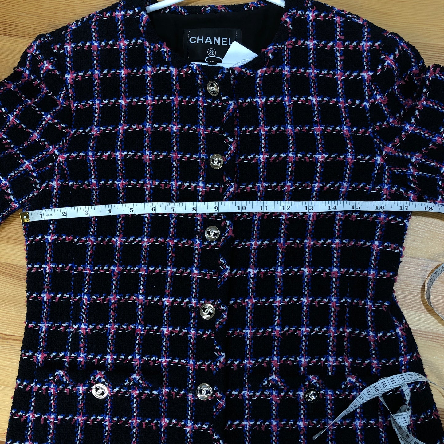 Chanel Black Multicolor Plaid Tweed Jacket, CC Metal Buttons Size 38