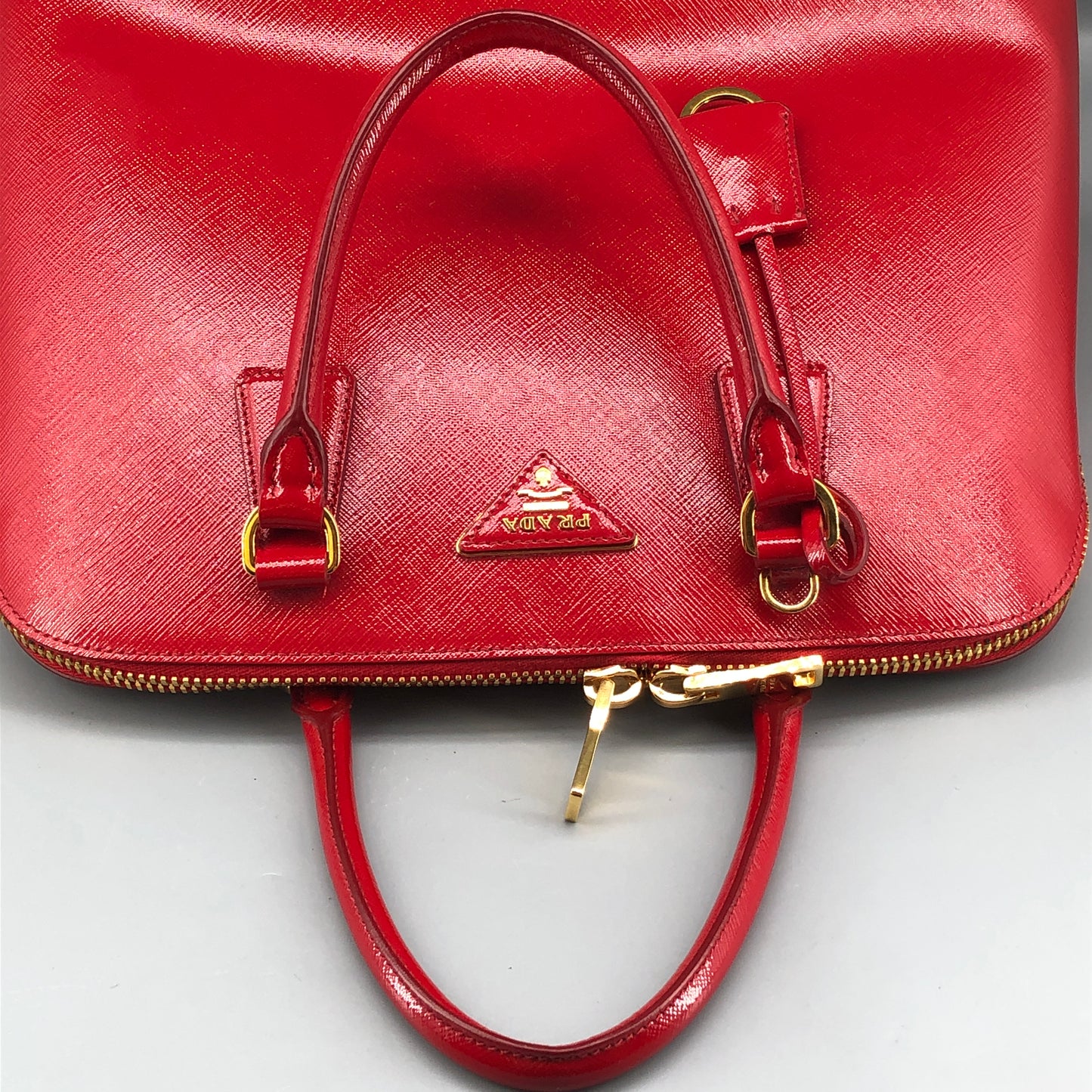 Prada Vernice Saffiano Promenade Dome Satchel Bag Red