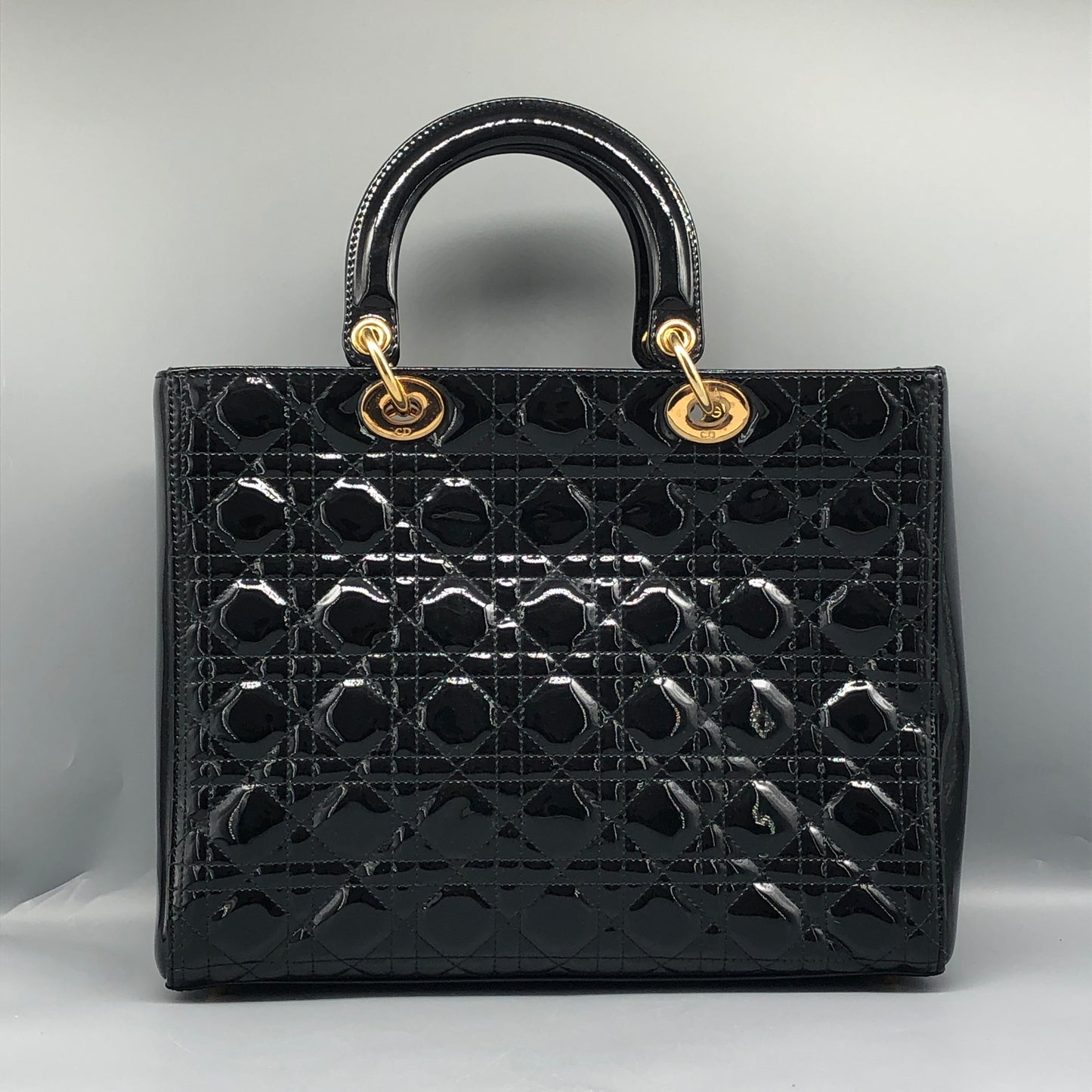 Christian Dior Lady Dior Large Cannage Quilted Patent Leather Handbag Black