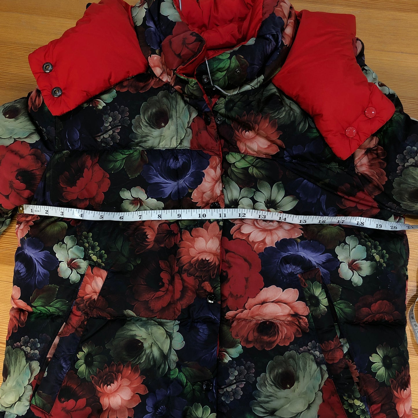 Moncler Floral Print Red Trim Hooded Down Jacket Size 1