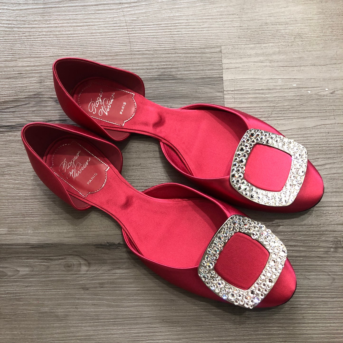 Roger Vivier Women's Red Satin Crystal Buckle Flats Size 36