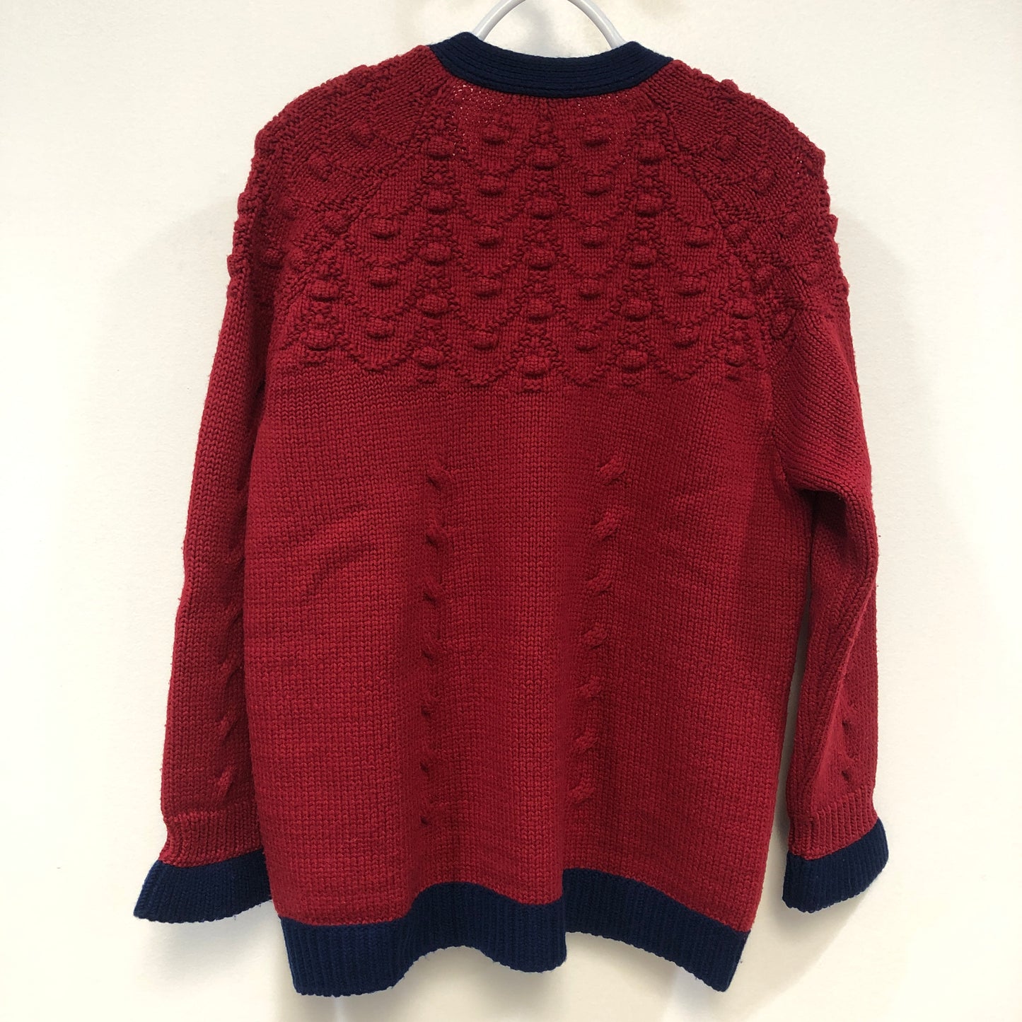 Chanel Red Cable Knit Cardigan with Navy Trim Size 44