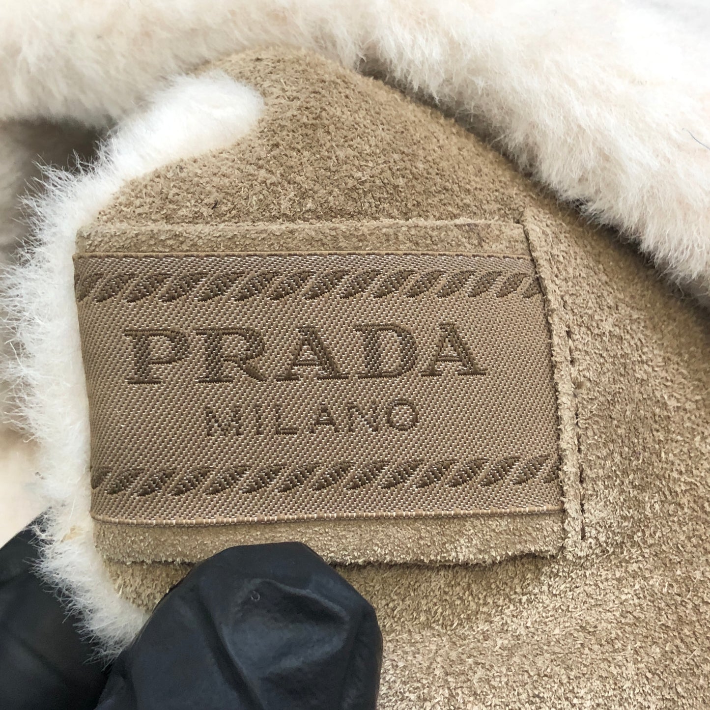 Prada Women's Shearling Lined Suede High Top Wedge Sneaker Boots 37 Beige White