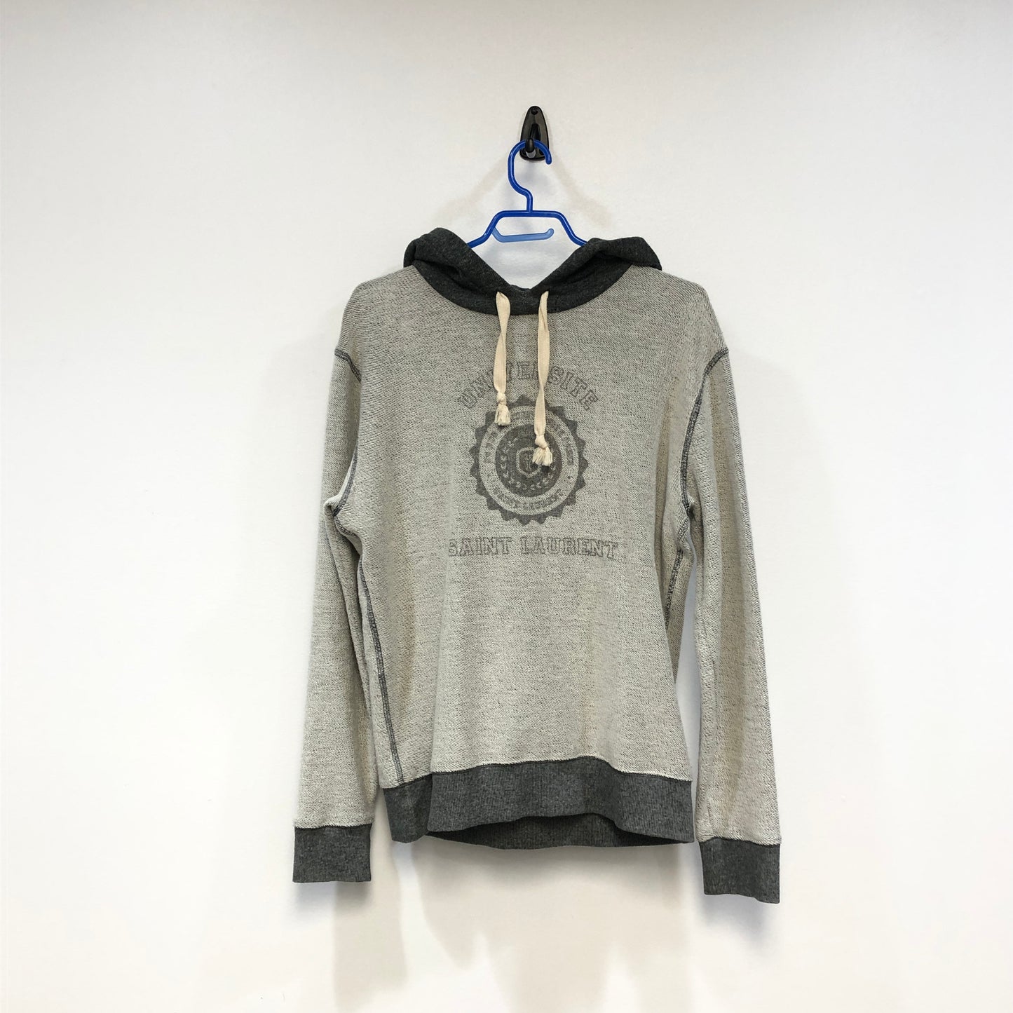 Saint Laurent Grey Contrast Hood Logo Print Hoodie Size L
