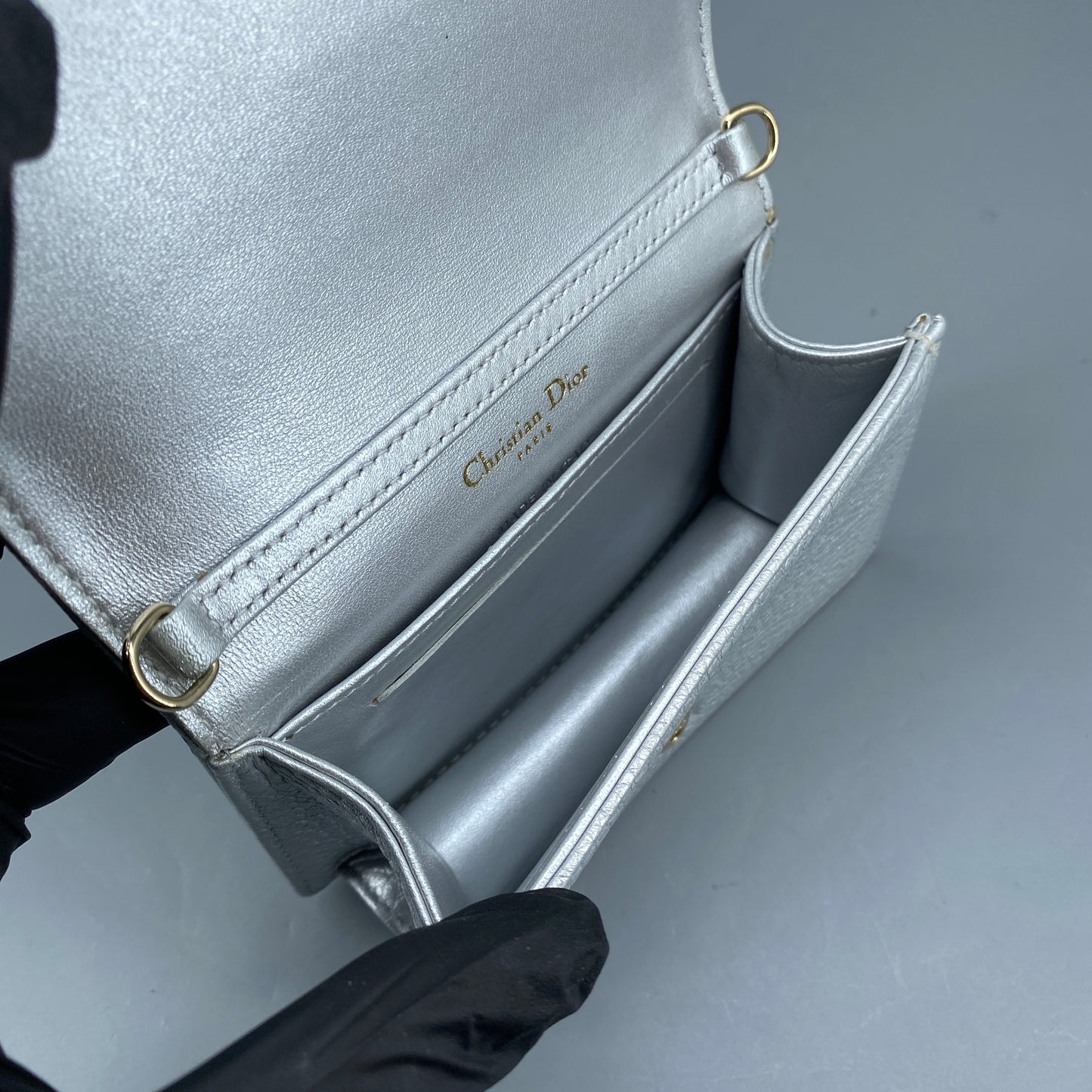 Christian Dior Mini Silver Metallic Pebbled Leather Shield Logo WOC Crossbody Bag