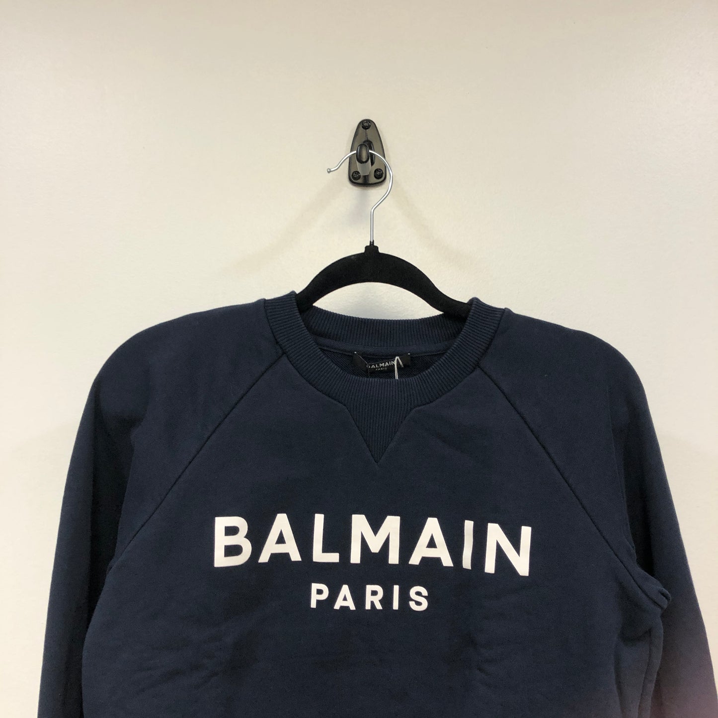 Balmain Navy Blue Logo Print Crew Neck Sweatshirt Size XXS